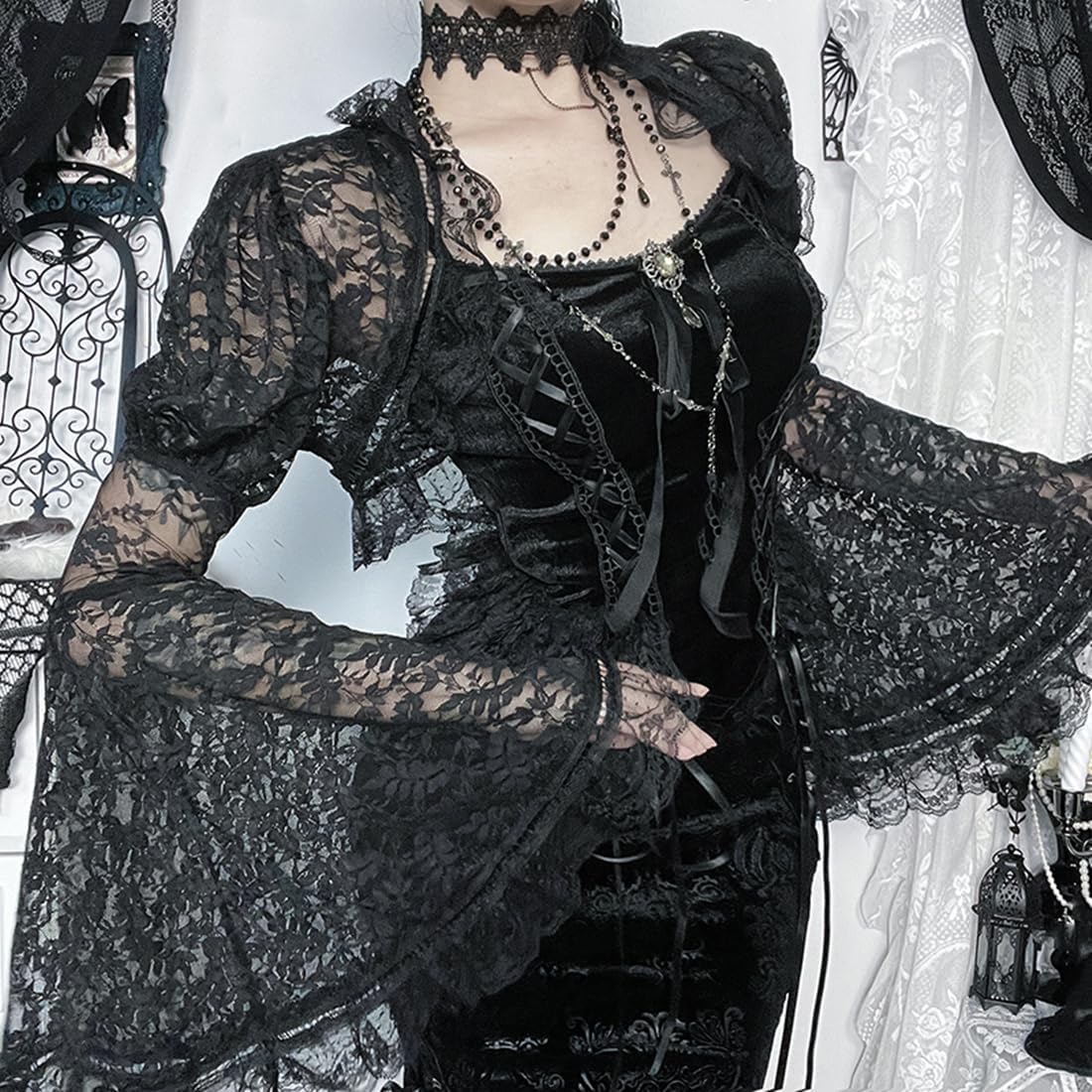 Women Bell Sleeve Goth Lace Bolero Shrug Top Y2k Mesh Black Punk Rave Festival Crop Tops - Image 3