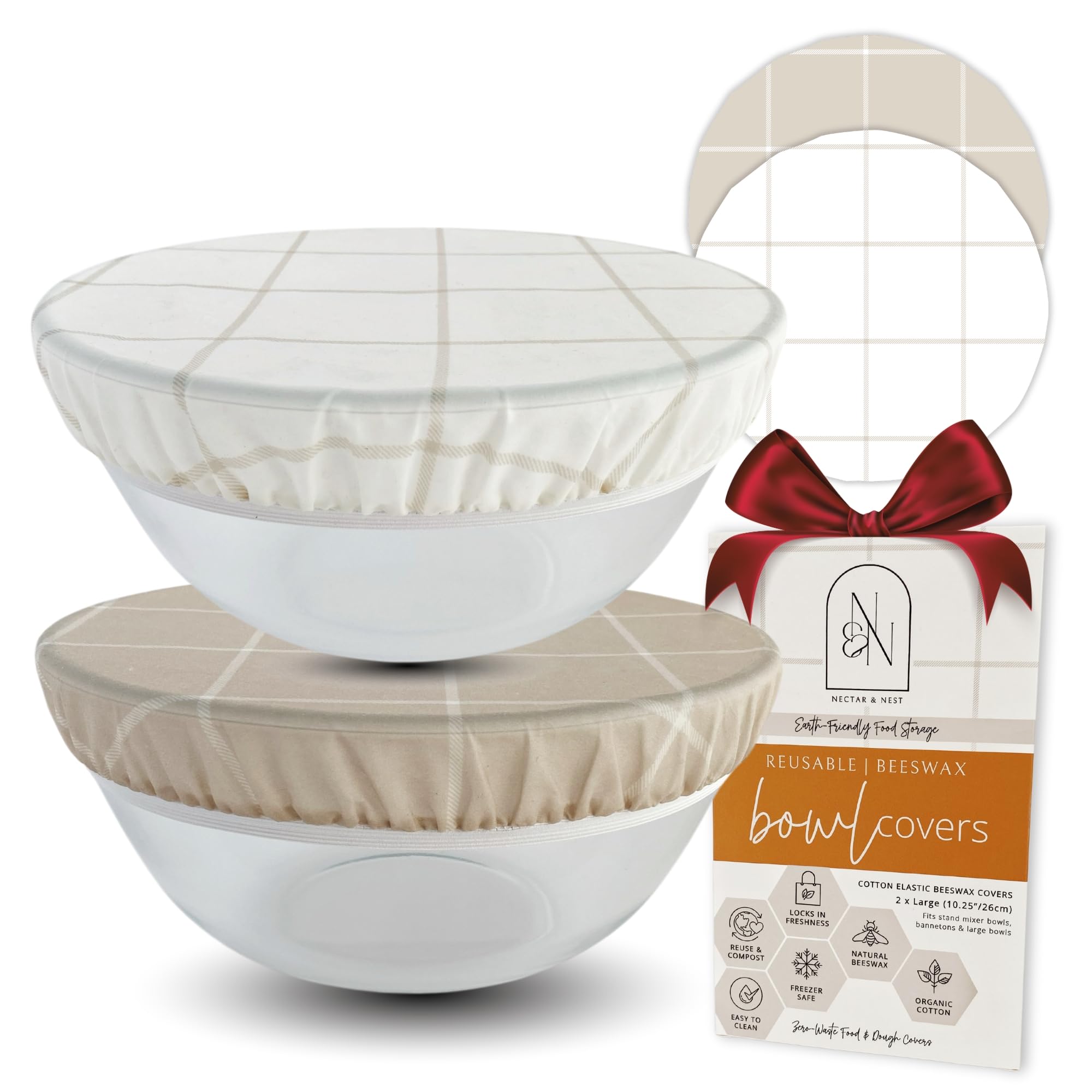 Reusable Bowl Covers for Bread Proofing (2 Lg) - Beeswax Bowl Covers Reusable, 100% Organic Cotton, Elastic Cover for Sourdough, Dough Proofing and Food Storage, Compostable