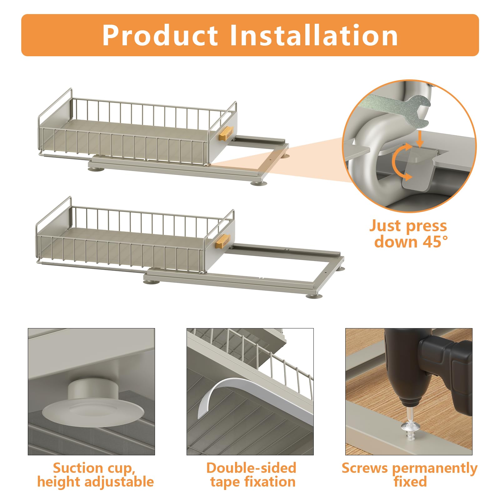 Organizador negro de 2 piezas para debajo del fregadero, reducción de ruido, extraíble de doble pista, metal, para cocina, baño, multiescenario, gris