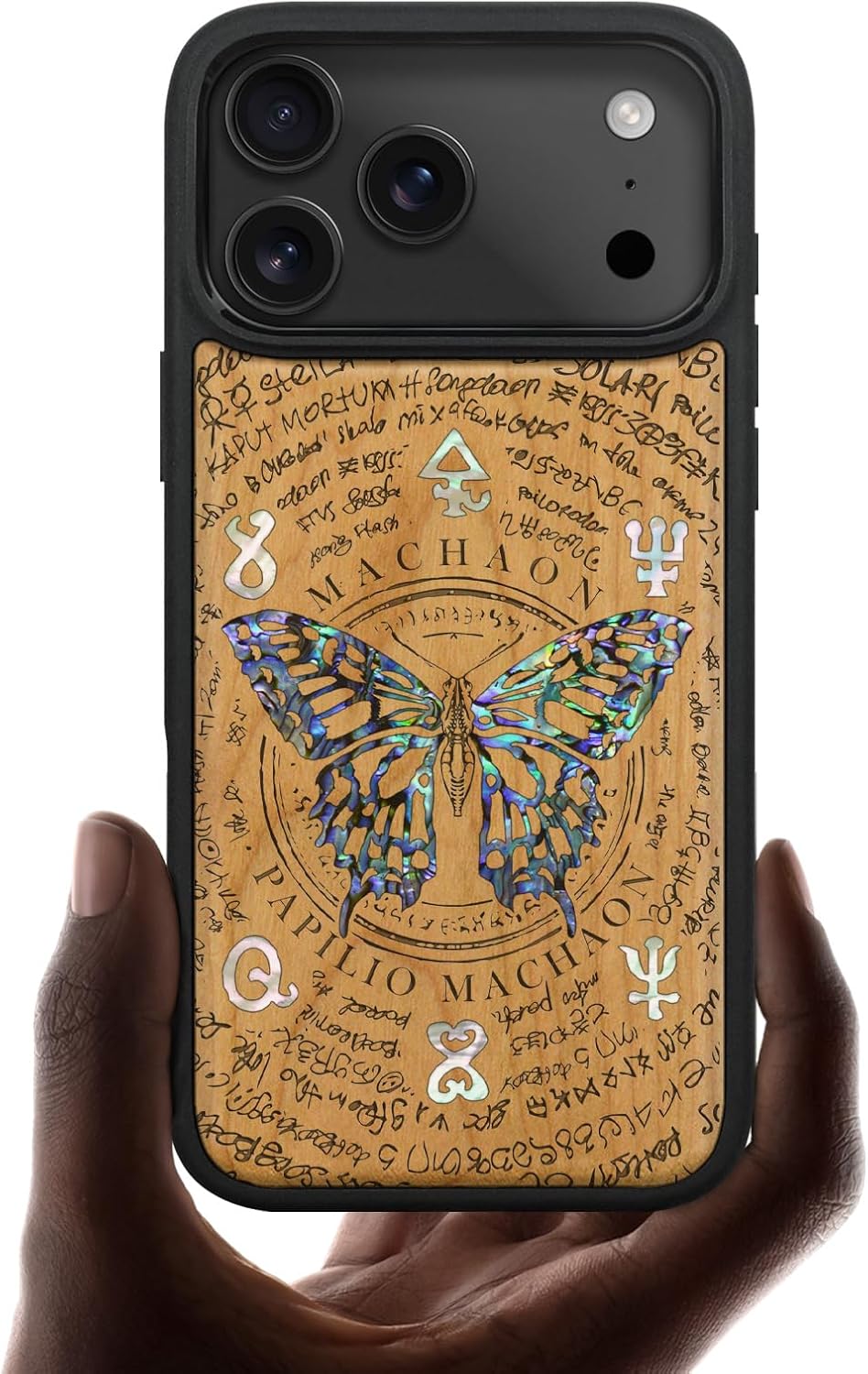 Carveit Magnetic Case for iPhone 17 Pro Max Case, Wood Artisan Engraved & Handmade Shell Inlaid, TPU Shockproof Cover, Compatible with MagSafe Wireless Chargers (Papilio Machaon-Cherry)