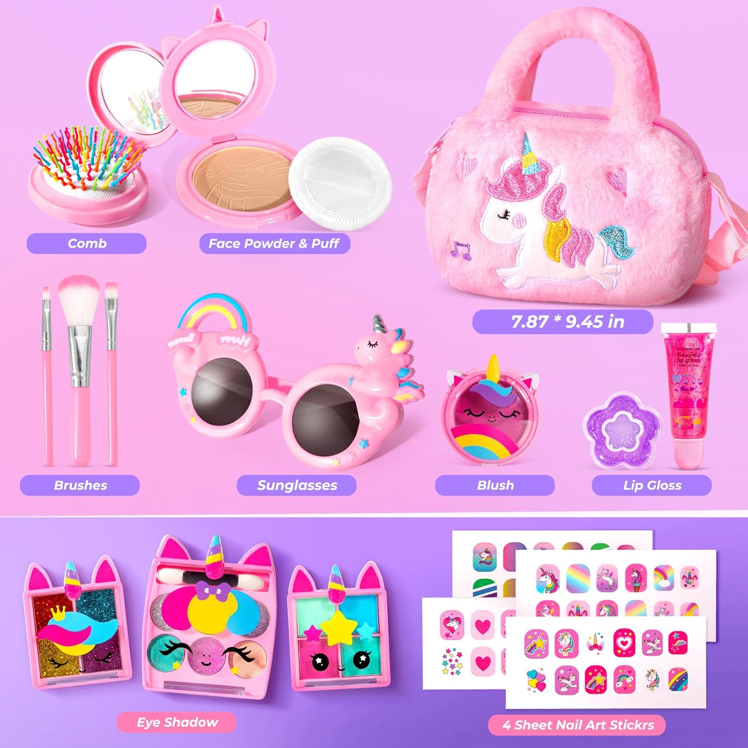 ULOVEME Kids Real Makeup Kit for Little Girls - Real, Non Toxic, Washable Make Up Toy - Umicorn Toys Gift for 3 4 5 6 7 8 9 10 12 Years Old Girls Birthday (Pink Umicorn Handbag) - Image 7
