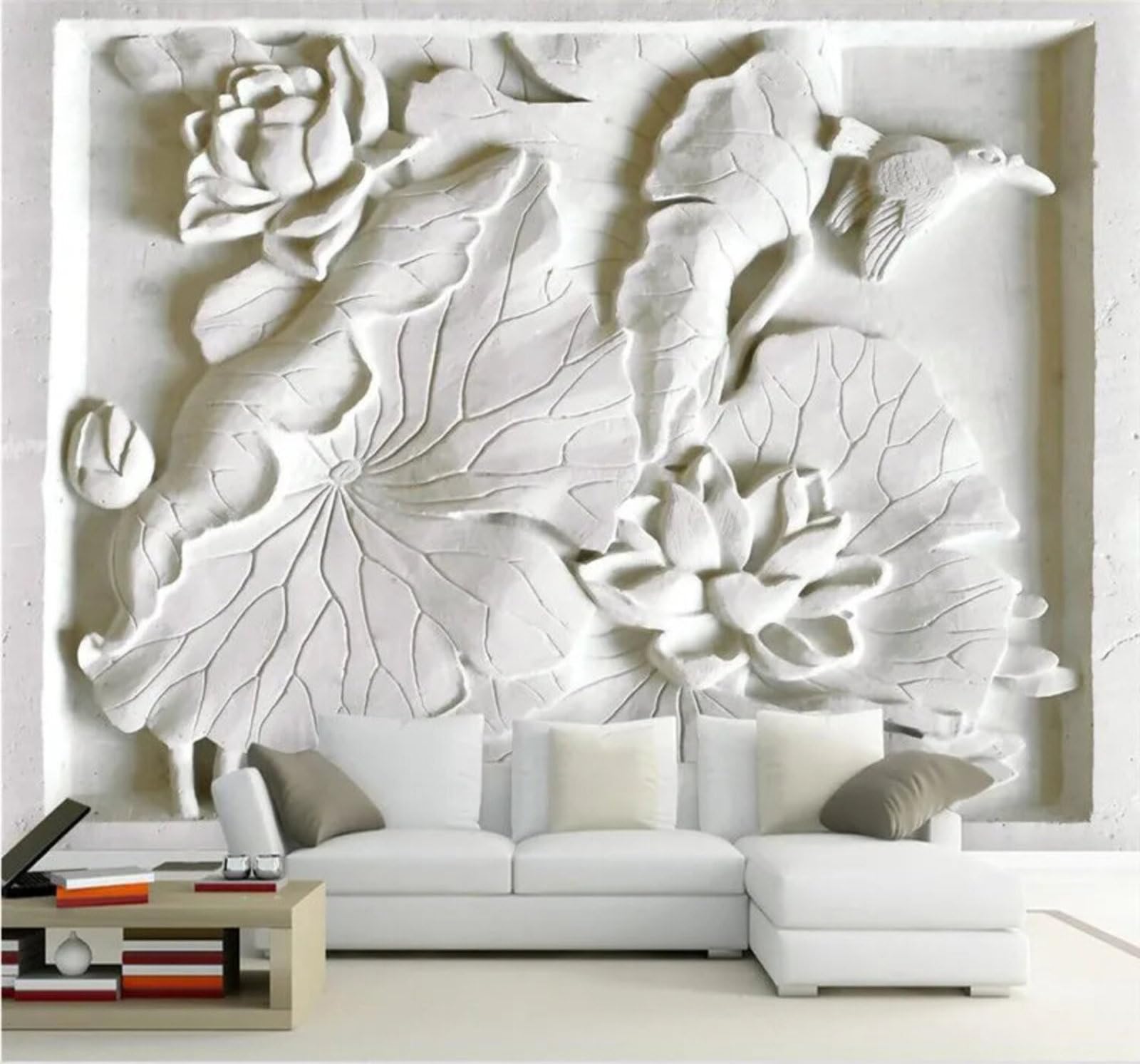 Wallpaper-3D-Xlm 400Cm×280Cm(B×H) Art Decorative White Relief Lotus 3D Wallpaper Easy Install Feature Office Living Room Sofa Bedroom Tv Background Wall Decoration-400Cm×280Cm