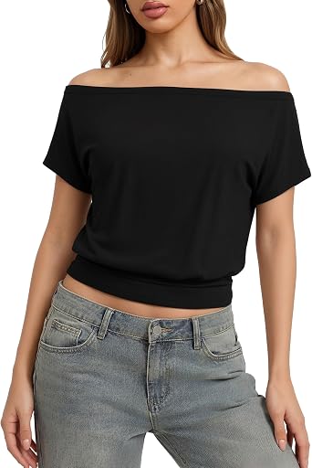 ALGALAROUND Women Tops Off The Shoulder Summer Short Sleeve Shirts Asymmetrical One Shoulder T Shirt Casual Boat Neck Tees Black