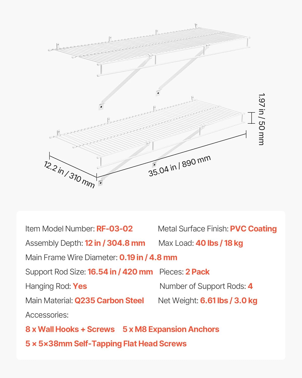 VEVOR Wire Shelf Kit, 3 ft, Set of 2, Wall Mounted Wire Shelves, Heavy-Duty Carbon Steel Hanging Shelf, Floating Wall Storage Shelves with Dip Coating, for Closet, Bedroom, Living Room, Office, Pantry