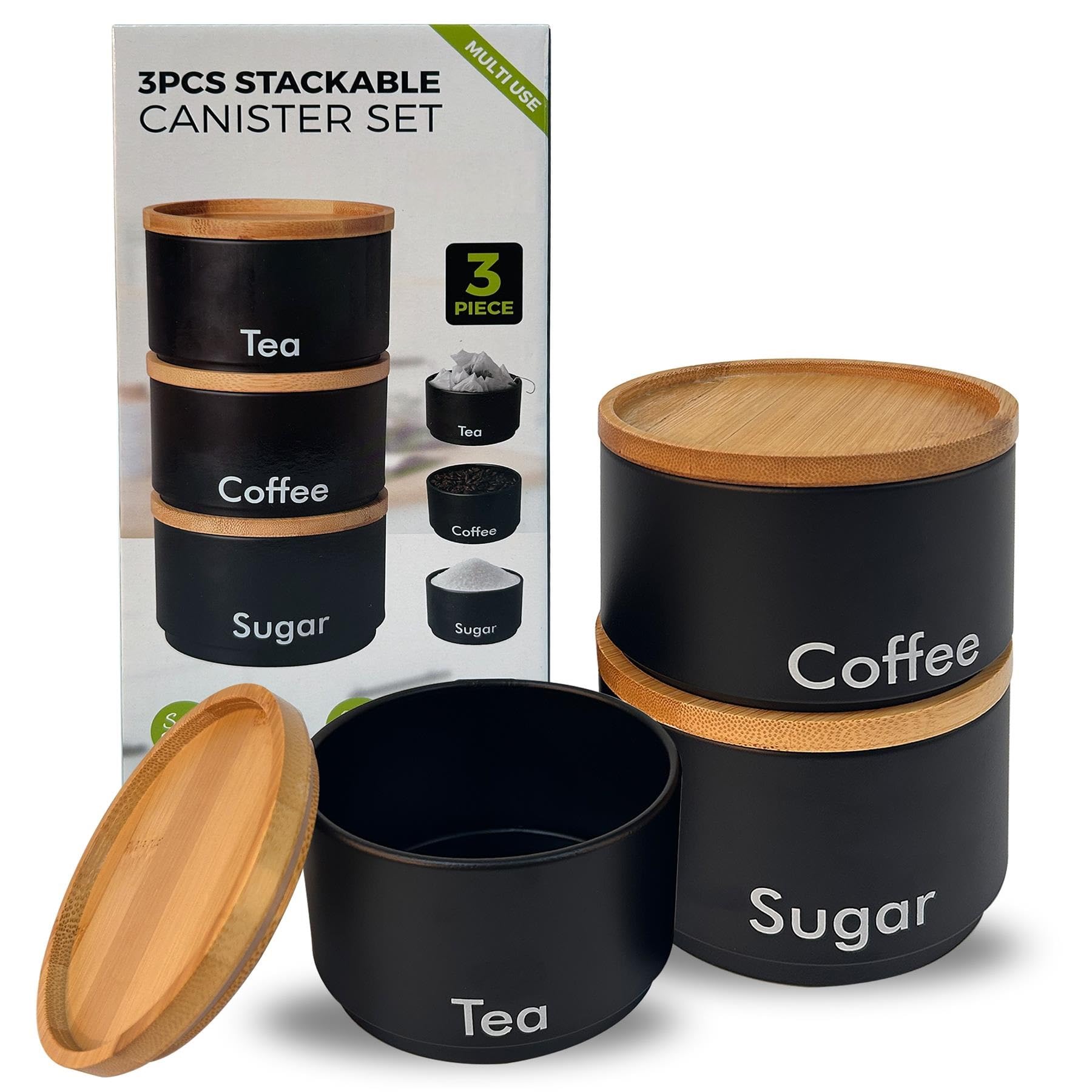 MantraRaj 3PCS Tea Coffee Sugar Canister Set Kitchen Canister Set Decorative Kitchen Food Storage Tin And Organisation Pantry Cupboard Organiser Stackable Containers With Bamboo Lids