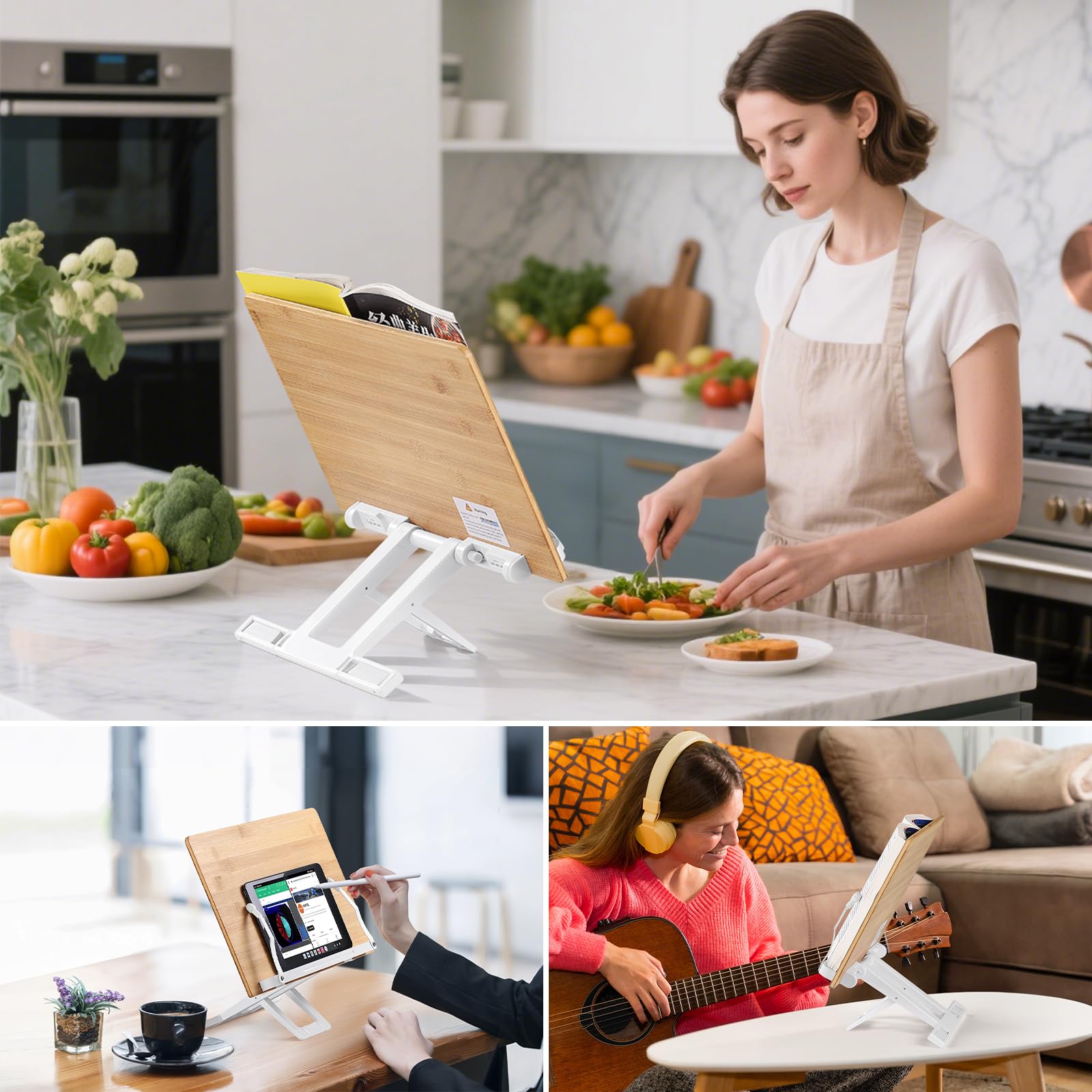 Soporte para libros de lectura, soporte plegable para libros de cocina, bandeja ajustable y clips de papel de página con clips elásticos para recetas, partituras de música, laptop, tableta