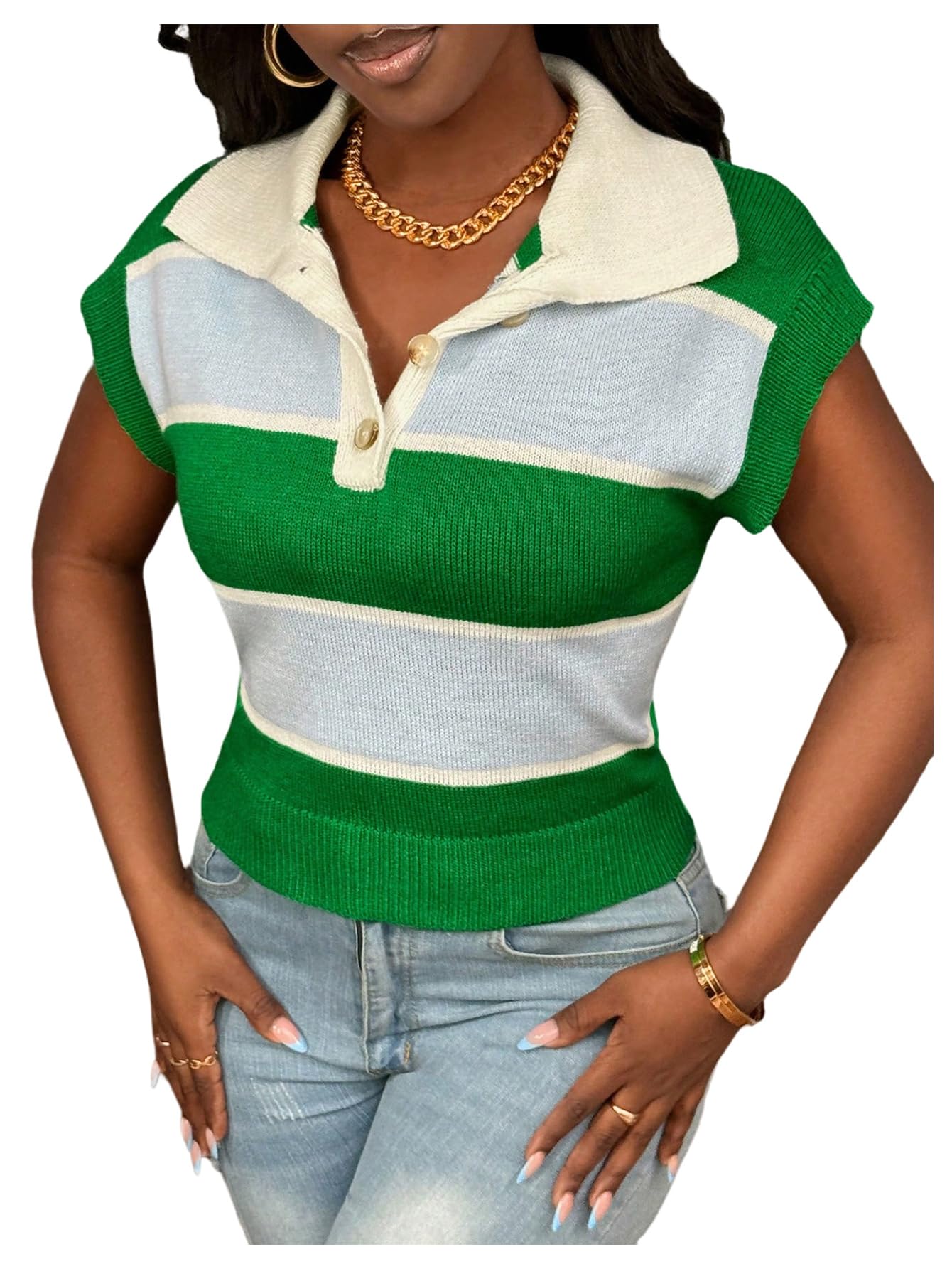 Floerns Womens Striped Sweater Vest Sleeveless Half Button Front Knitted Pullover Tops