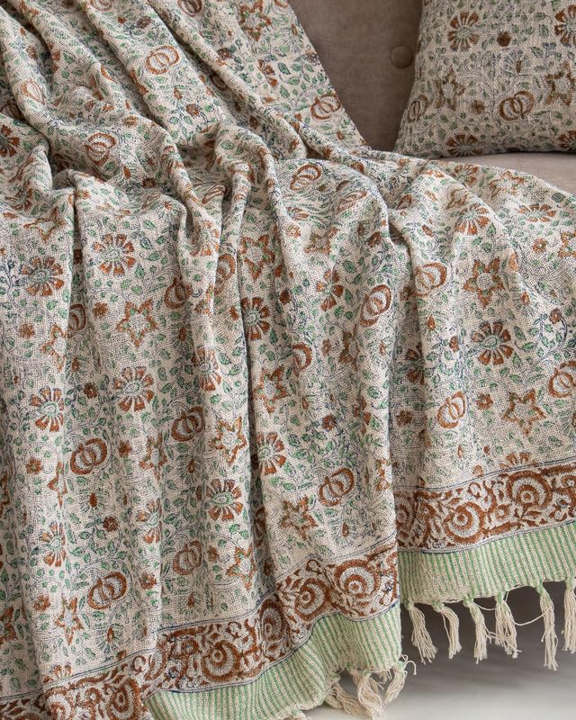 Image of Boho Floral Heritage Print Sofa Throw (50x70 Inches) with 2 Pcs Cushion Cover(16x16 Inch) Soft Lightweight Thrower for Couch, Living Room & Bed (Pack of 3)