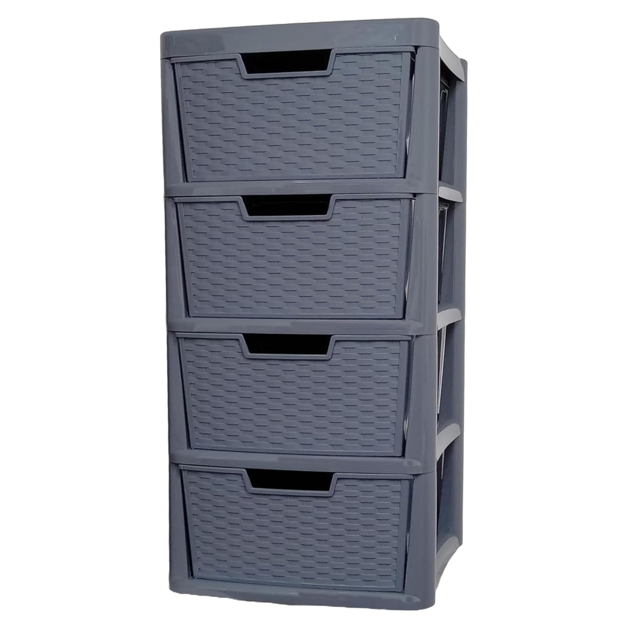 KYY'Z - Large Plastic Rattan Storage Drawers Unit with Deep Pull-Out Baskets - Durable Multipurpose Cabinet Organizer for Home Office, Bedroom, Bathroom, Garage, Utility Room (Rattan/Grey, 4 Tier)