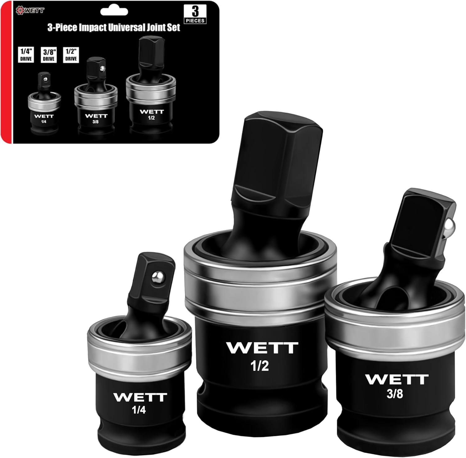 WETT 3-Piece Impact Universal Joint Set, 1/2", 3/8" and 1/4" Drive Socket Swivel Adapter Set, Impact Grade Wobble Sockets, U-Joint Sockets