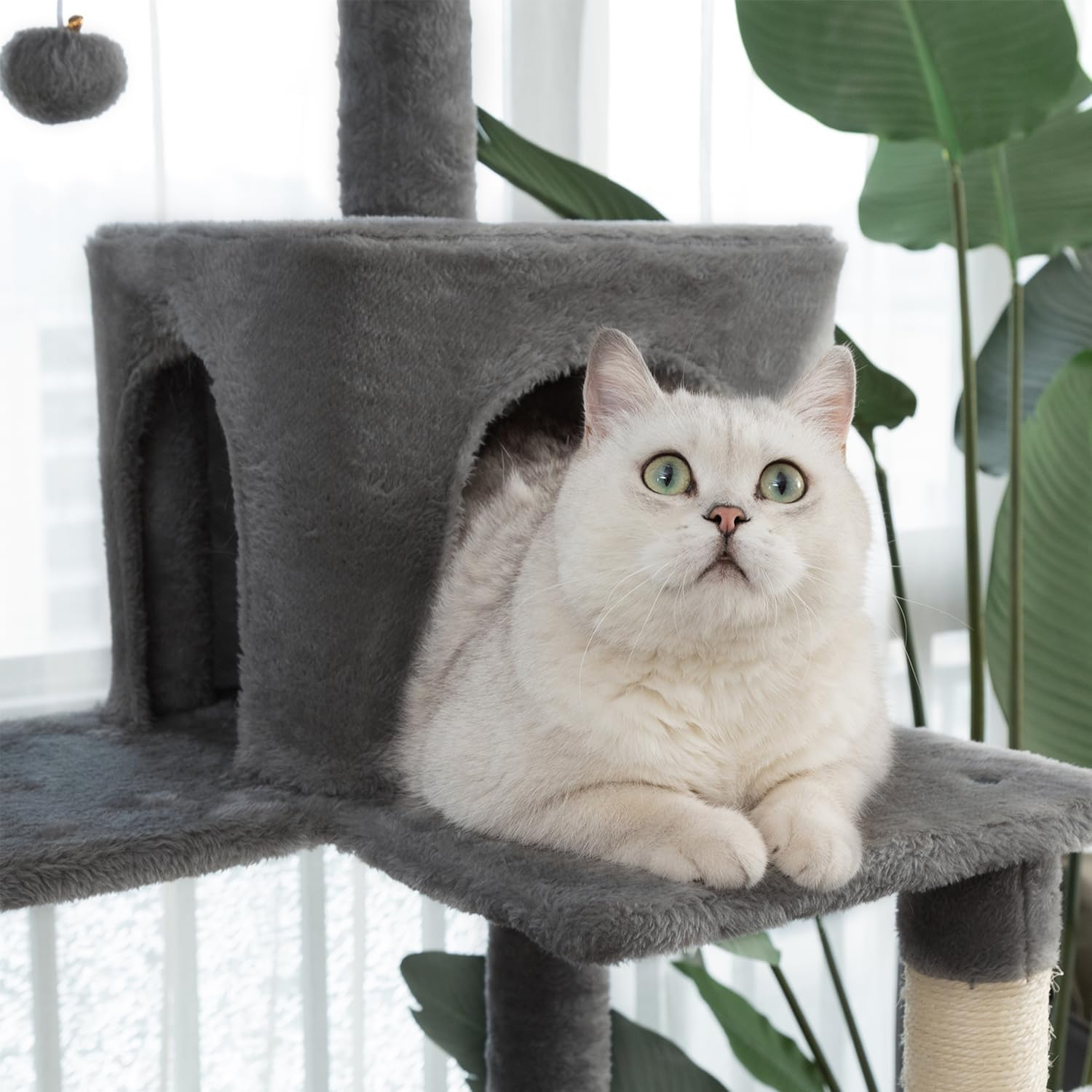 Multi-Level Cat Tree,69 Inches Tall Cat Tower with 2 Plush Condos,Hammock and Plush Perch, Scratching Posts and Pompoms,Gray Cat House for Indoor Cats