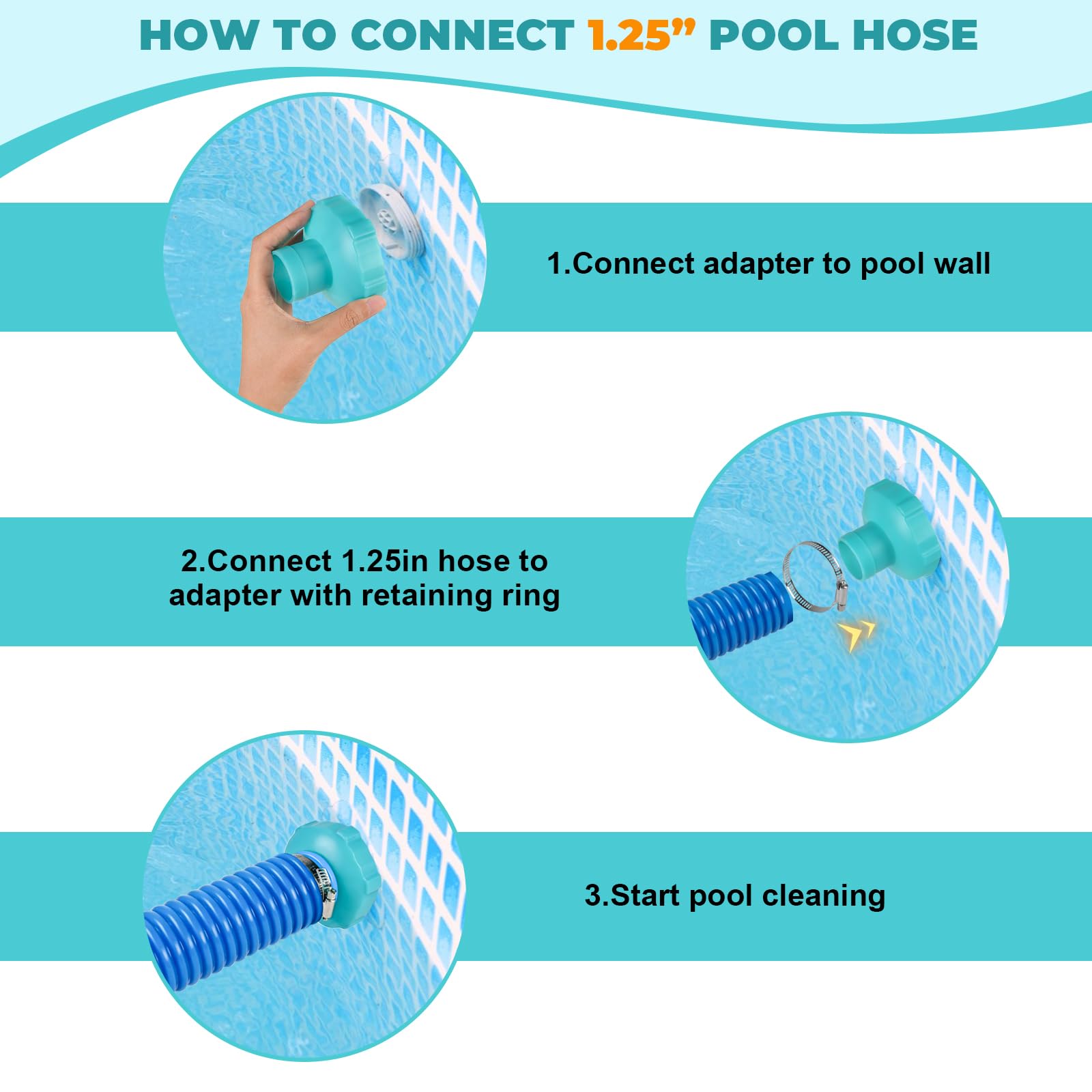 Juego de 2 adaptadores de manguera de vacío para piscina, adaptador de manguera de skimmer de piscina, conector B con puños y abrazaderas de manguera de piscina de 1-1/2 pulgadas, adaptador de