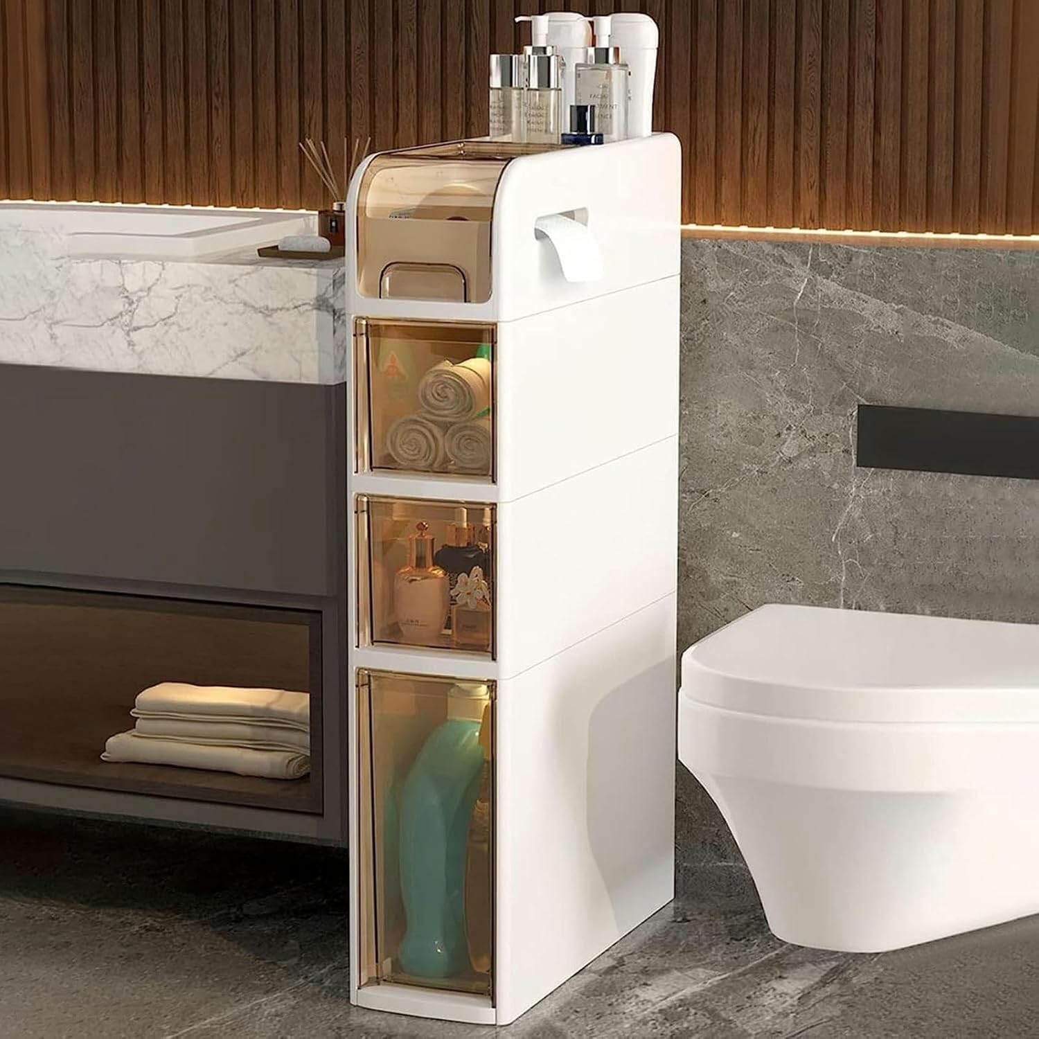 Skinny Bathroom Storage Cabinet, 6 Tier Small Bathroom Storage Cabinet, (W) 6.3in Large Capacity Tall Thin Cabinet with Toilet Paper Storage for Kitchen, Bedroom Narrow Spaces, Mini Cabinet Bathroom F