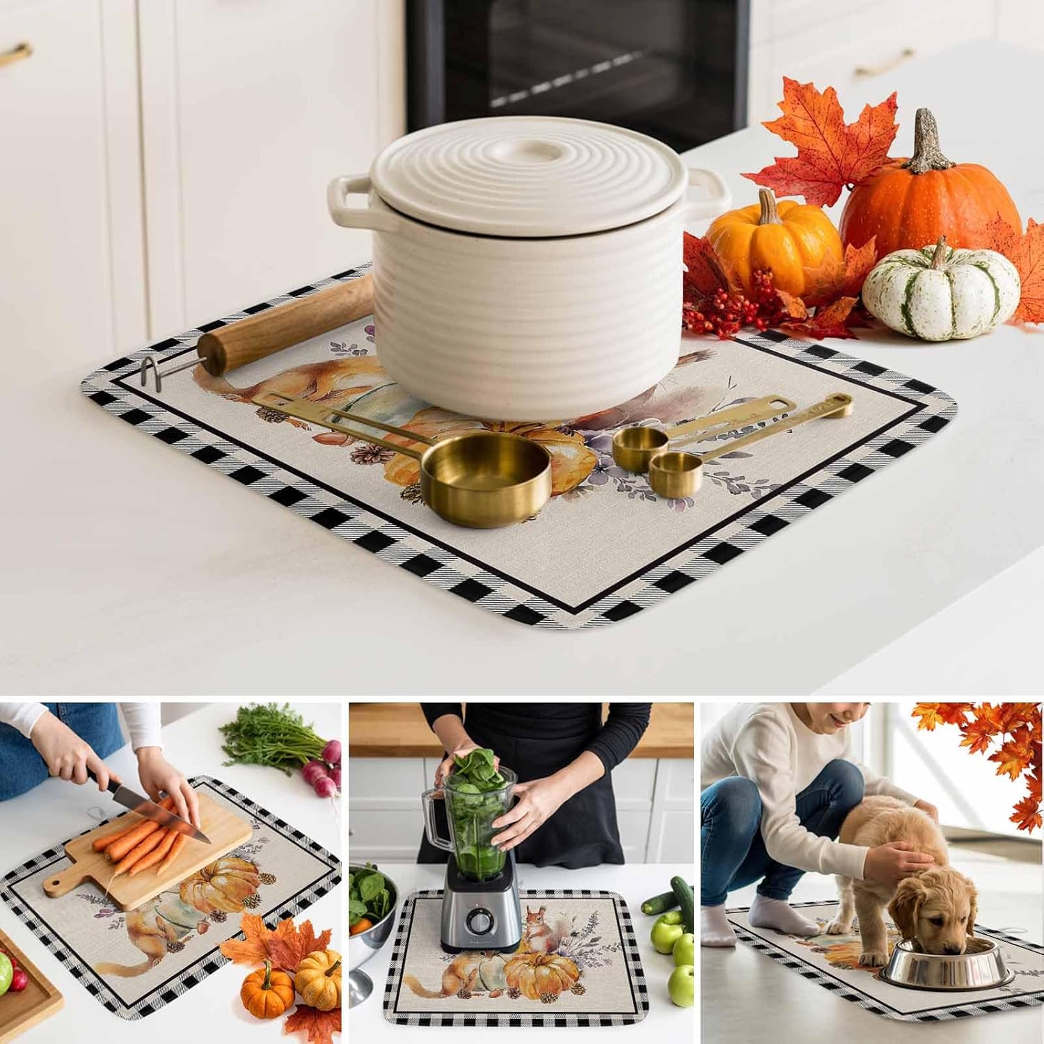 Orange Pumpkin Squirrel Fall Thanksgiving Dish Drying Mats for Kitchen Counter,Absorbent Microfiber Dish Drainer Rack Mat Black Checker Retro Linen Drying Pad for Sinks,Utensils,Countertops,18x24in