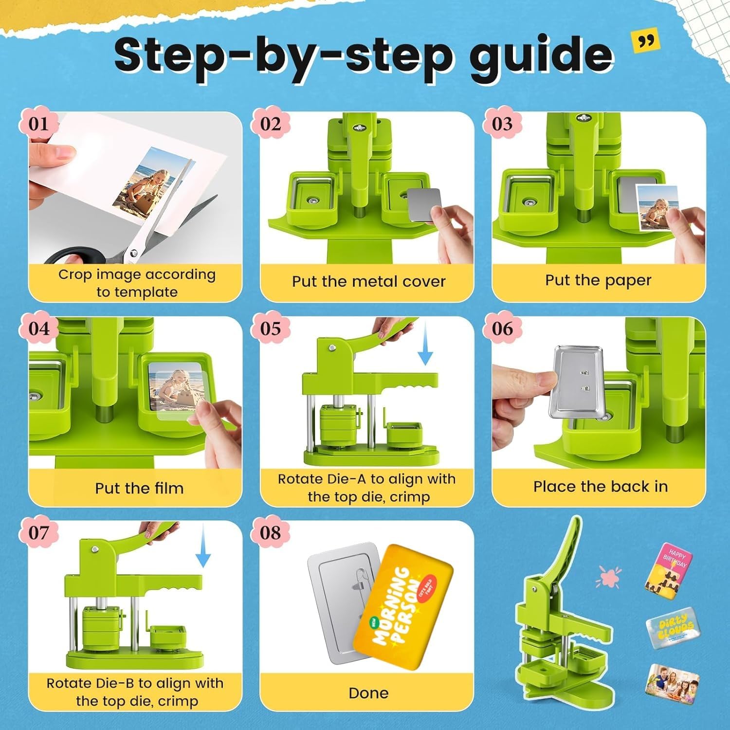 Rectangle Pin Button Maker Machine Kit, Button Press Machine w/ 100set 1.5''x2'' Pinback Button Making Supplies, Pin Badge Kit for Party Favors, Events, Business, School, Gifts