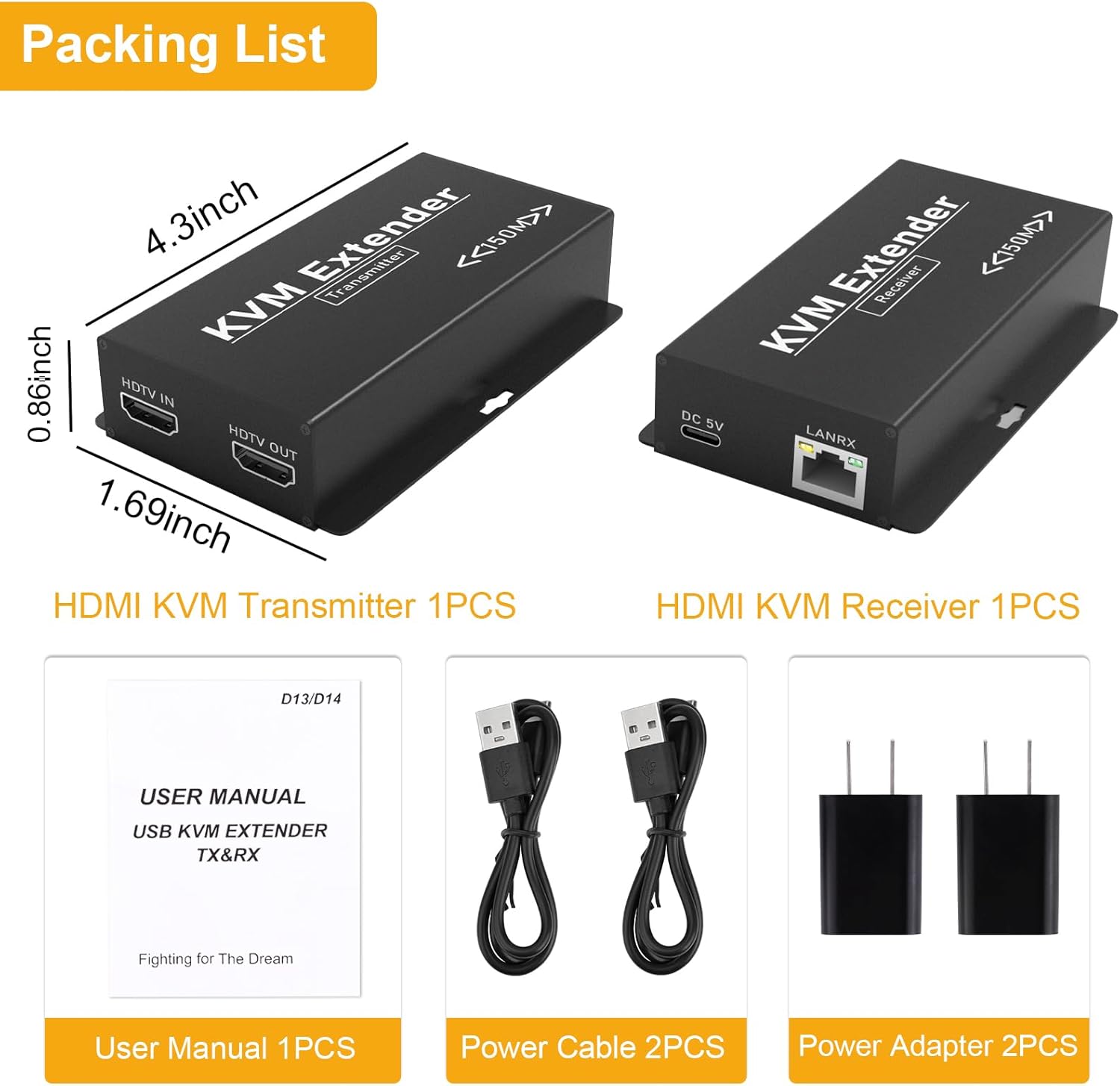 492FT HDMI KVM USB Extender, HDMI to RJ45 Over Cat5e/6/7, Balun 1080P@60hz Transmitter Receiver USB Keyboard/Mouse Control No Latency Single Power Plug & Play (Transmitter + Receiver)