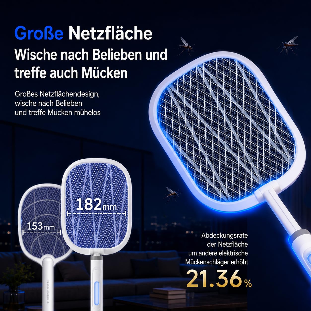 Elektrische Fliegenklatsche 5000V Extra Stark, Fliegenklatsche Elektrisch 2 in 1 mit UV-Licht, 2000mAh USB-C Akku Insektenvernichter, 180° klappbar mit 61–72 cm Teleskopgriff