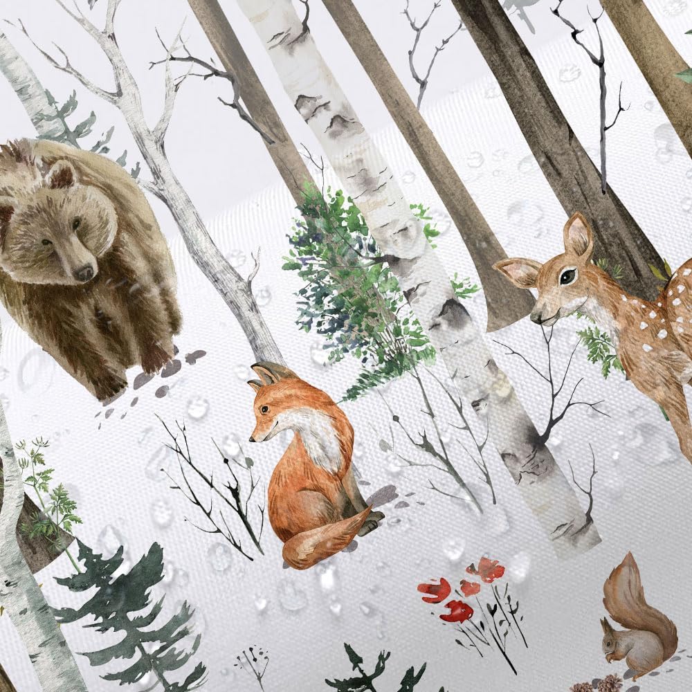 JAWO Rustic Forest Shower Curtains, Lodge Cabin Woodsy RV Shower Curtain, Wildlife Animals Woodland Campers Camping Bathroom Set with Hooks, 72X78 Inch, White