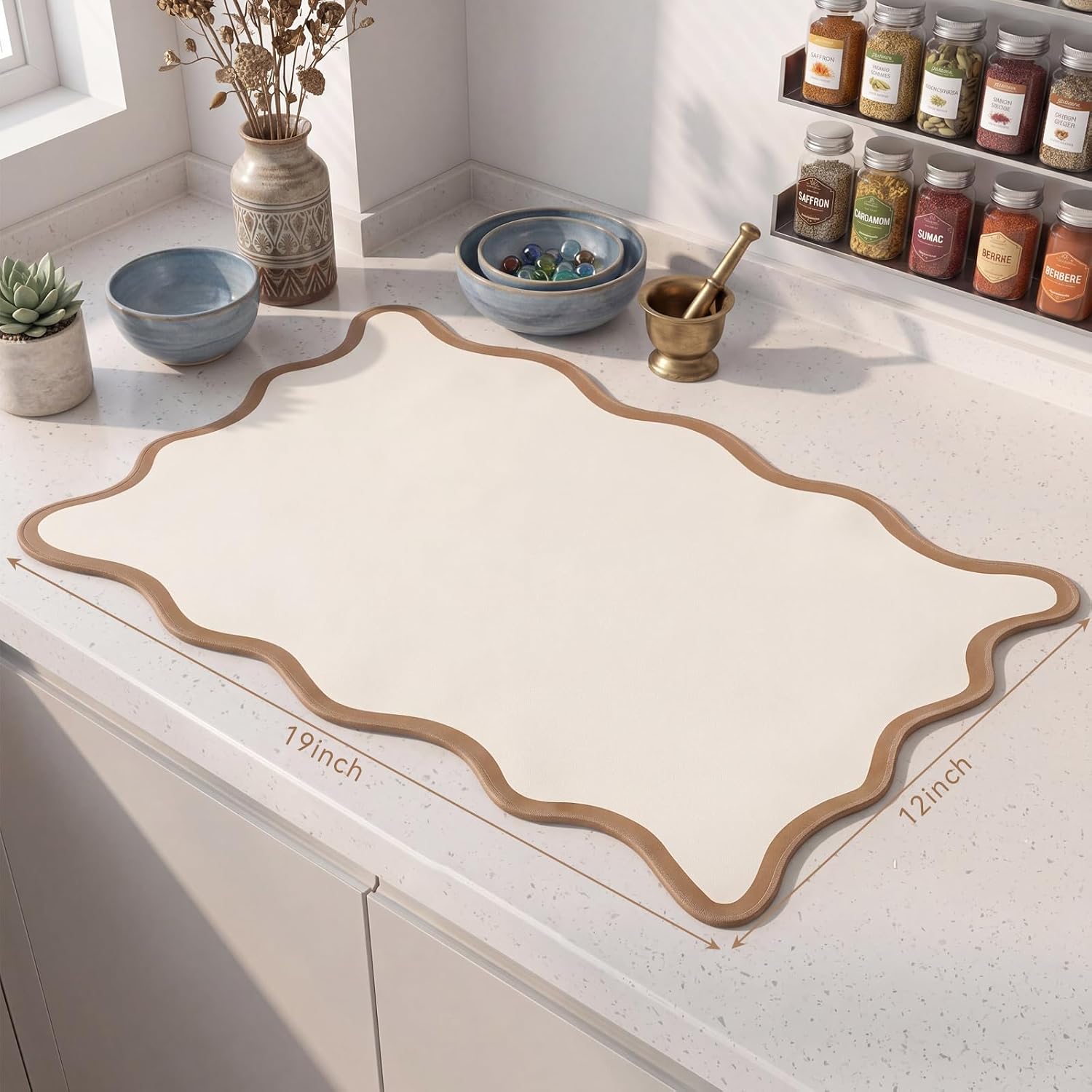 Nuanchu Beige Scalloped Coffee Mat 12" x 19" Coffee Bar Accessories image 2