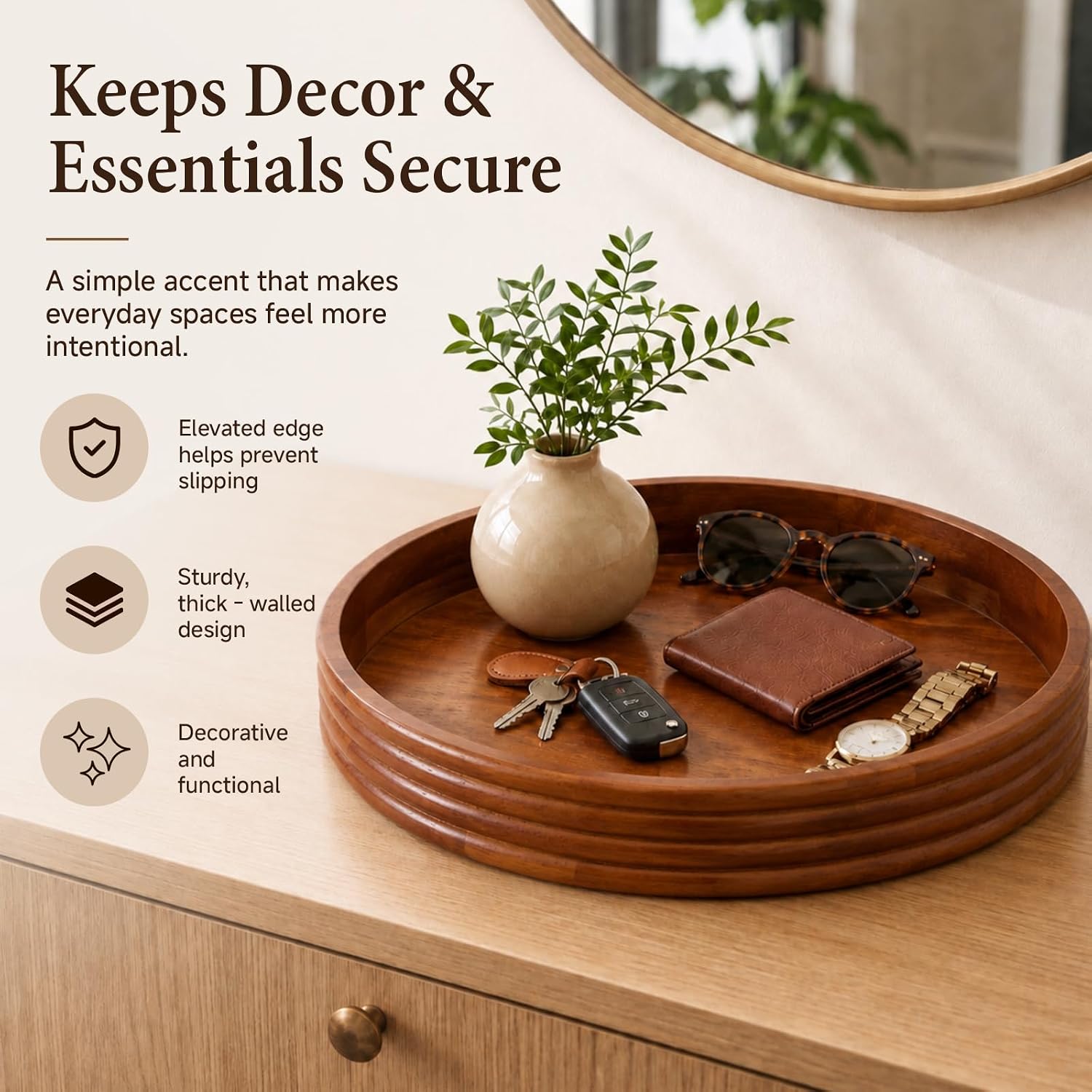 Lewtemi Round Wood Tray, 11 Inch Grooved Decorative Table Centerpiece