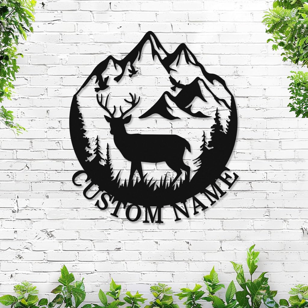 Personalized Deer Metal Sign, Custom Mountain and Deer Name Sign, Customized Hunting Deer Sign Outdoor Metal Wall Art Sign, Deer Family Name Sign Deer Porch Cabin Decor Sign โ image 1