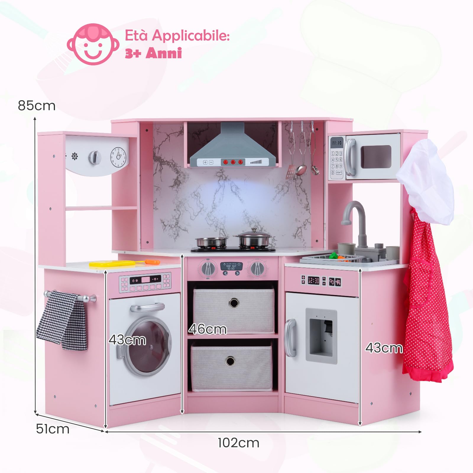 COSTWAY Cucina Giocattolo per Bambini, Set Cucina in Legno con Accessori, Luci e Suoni, Cappa, Fornelli, Microonde e Lavatrice, per Bambini 3+ Anni, 102 x 51 x 85 cm (Rosa)