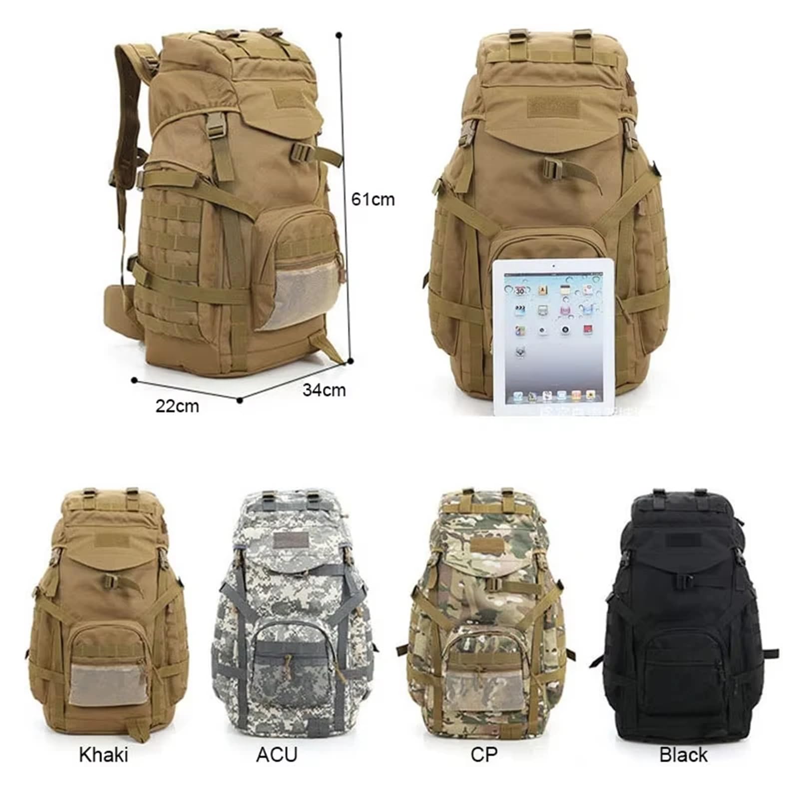 60L Männer Tasche Taktische Rucksack Klettern Bergsteigen Sport Outdoor Molle for Gepäck Camping Reise Geeignet für Camping, Outdoor, Wandern(Khaki)