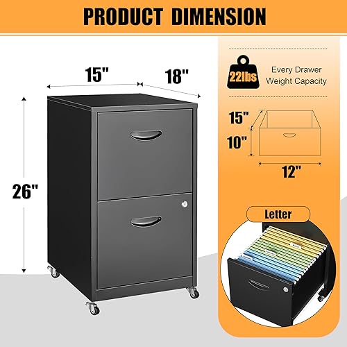Miniatura 3 de Archivador de 2 cajones, archivadores verticales de metal con dos cajones con cerradura, archivador de almacenamiento negro de 18 pulgadas de