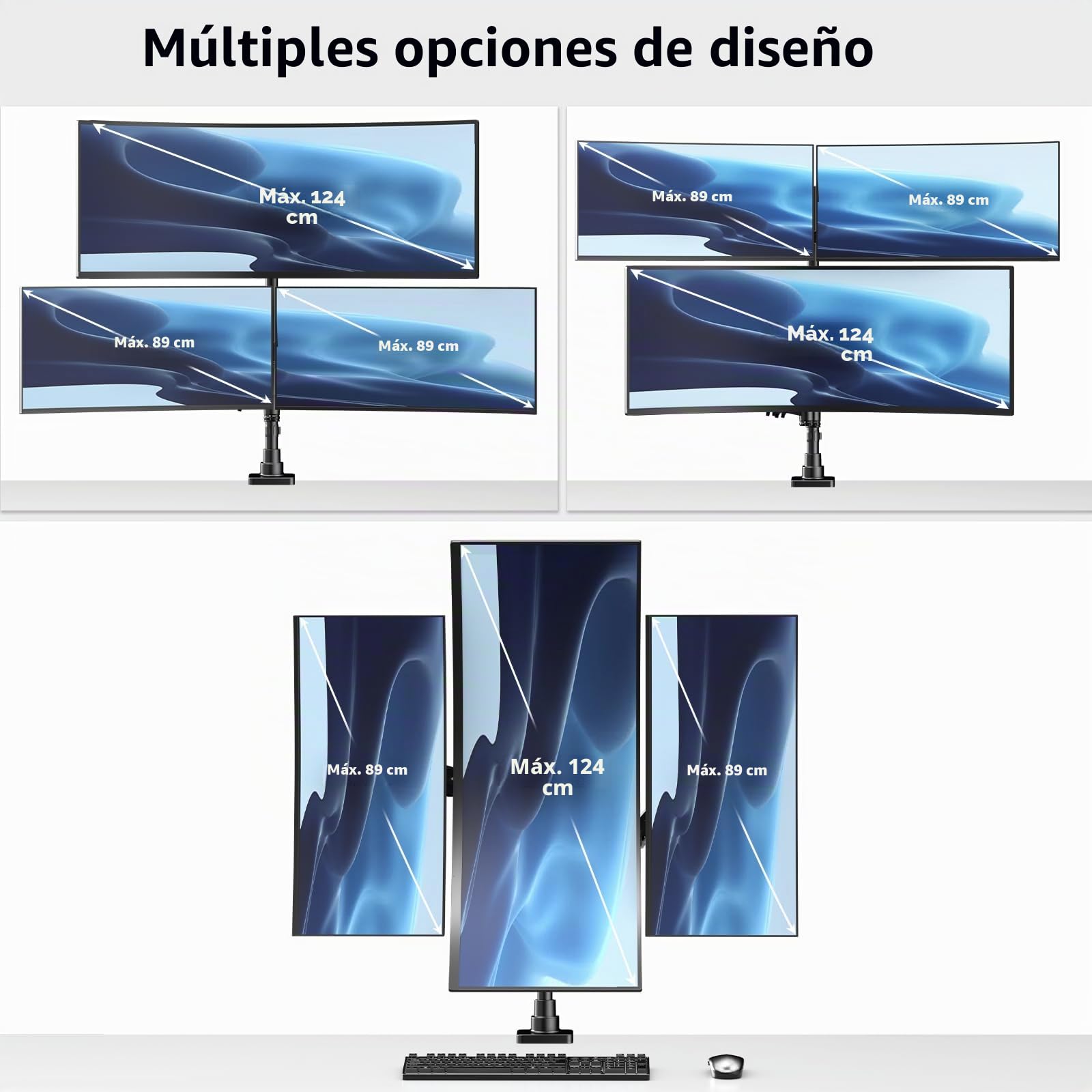 Soporte 3 Monitores-1 Fijo 49" y 2 Gas Spring 35",Columna de 80 cm Brazo Monitor Totalmente Ajustable,Capacidad de Carga máxima 20 kg