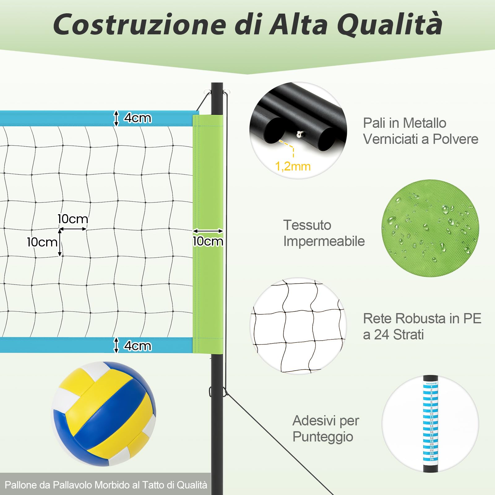 COSTWAY Rete da Pallavolo per Esterni Portatile, Rete con Pali Regolabili in Altezza, Anti-Afflosciamento, Pallavolo, Pompa, Martello, Linea di Confine e Borsa, per Giardino e Spiaggia