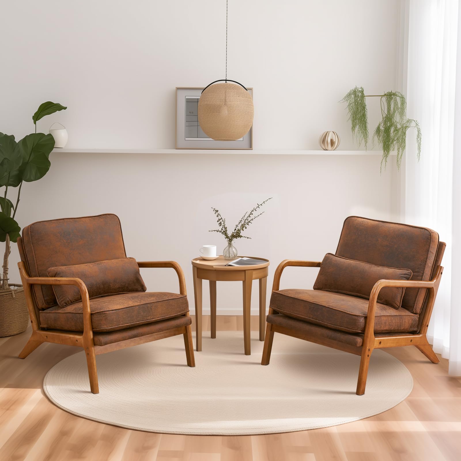 Bonnlo Accent Chair, Soild Wood Padding Lounge Armchairs, Occasional Reading Chair with Cushions and Lumbar Pillow, Armchairs for Living Room, Bedroom, Guest Room Leather (2, Brown-2pcs)