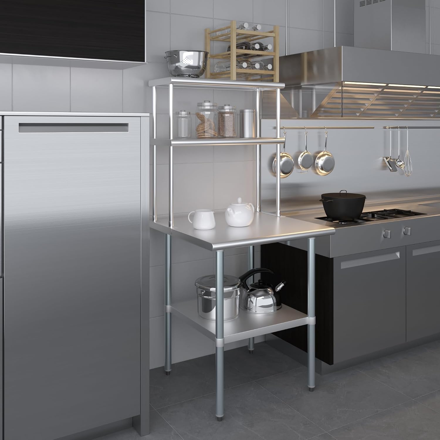 AmGood Stainless Steel Work Table with 12" Wide Double Tier Overshelf | Metal Kitchen Prep Table & Shelving Combo | NSF (Stainless Steel Table with Double Overshelves, 30" Long x 30" Deep)