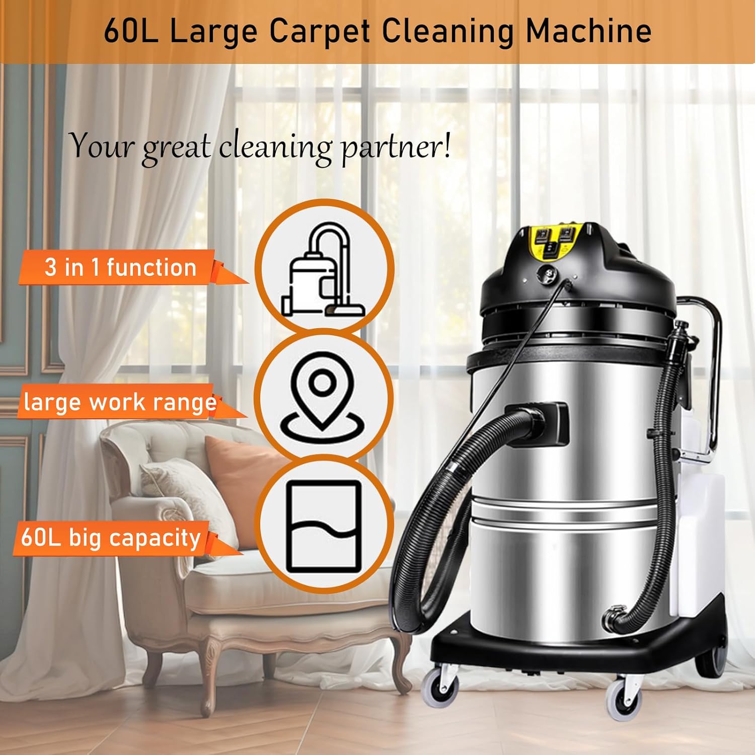 INTSUPERMAI Carpet Cleaner Machine Carpet Extractor Upright Carpet Cleaner 60L Multi Floor Pet Carprt 3 in 1 Portable Carpet Cleaner