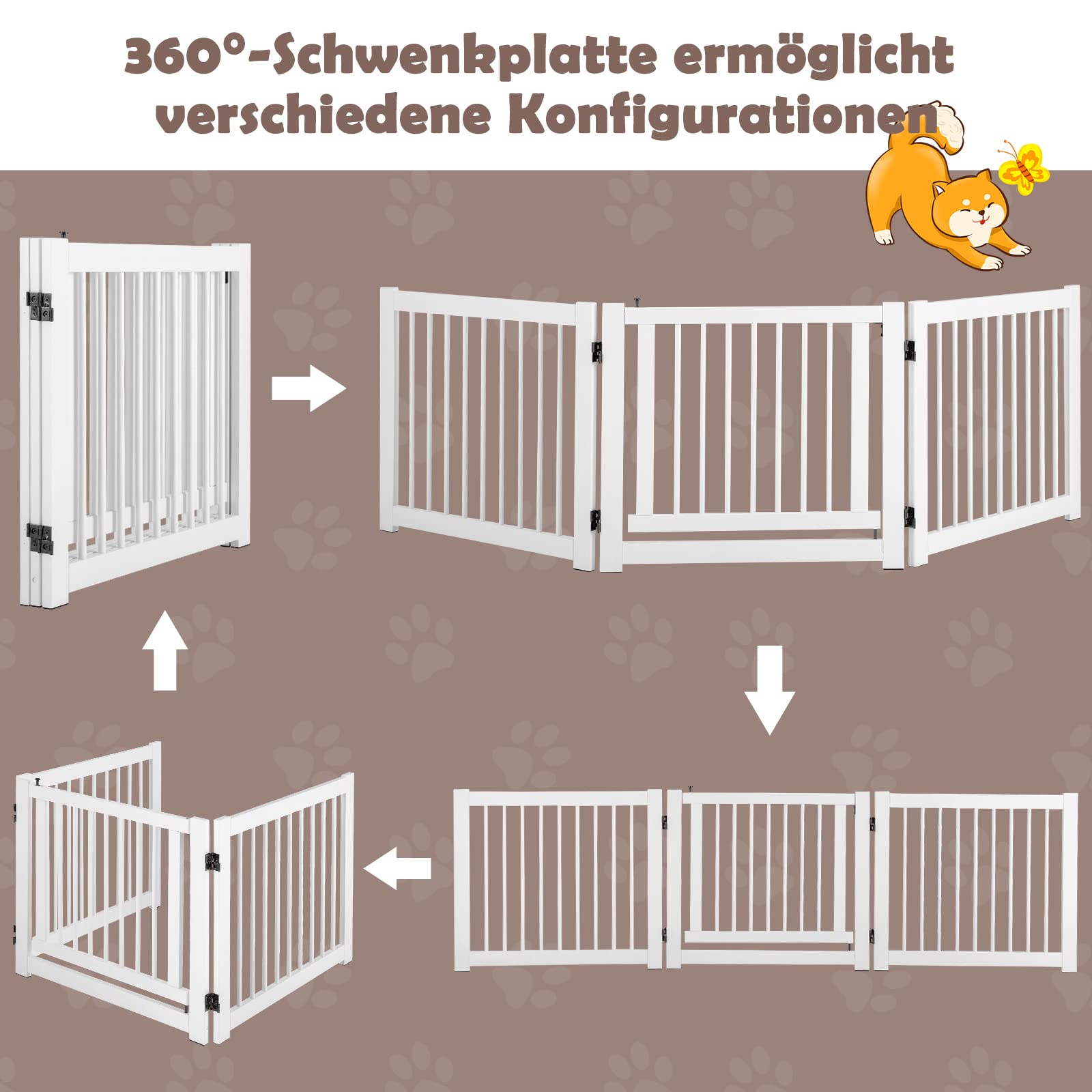 COSTWAY 3-teiliges Absperrgitter Hunde, Freistehendes Hundegitter mit Tür, 61cm hoch, Schutzgitter Holz, Treppengitter Kindergitter klappbar, Hundeabsperrgitter für Kamin & Treppe (Weiß)