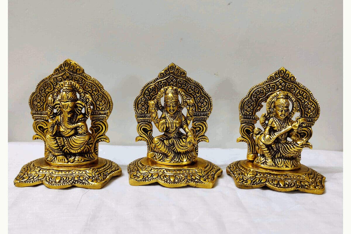 Puja Celebrations Metal Lakshmi Ganesha Saraswathi Set, Size: Height: 5 inches Length: 3 inches Breadth: 4 inches, Material: White Metal with Gold Oxidised