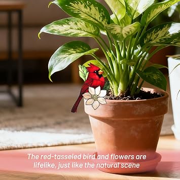 Acrylic Hummingbird Pot Decoration, Weatherproof Plant Pot Ornaments, Garden Ornament Retirement for Indoor and Outdoor Gardens Patio Fence Home (DEEP RED)