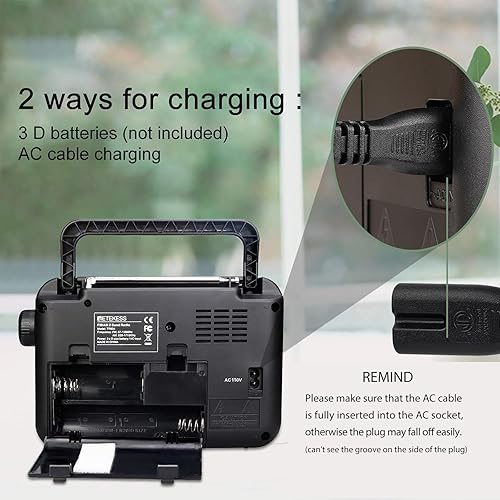 Miniatura 3 de Retekess Radio FM TR604 AM, radio portátil enchufable en pared, funciona con batería D, esfera grande, modo de tono alto/bajo, altavoz grande, Negro