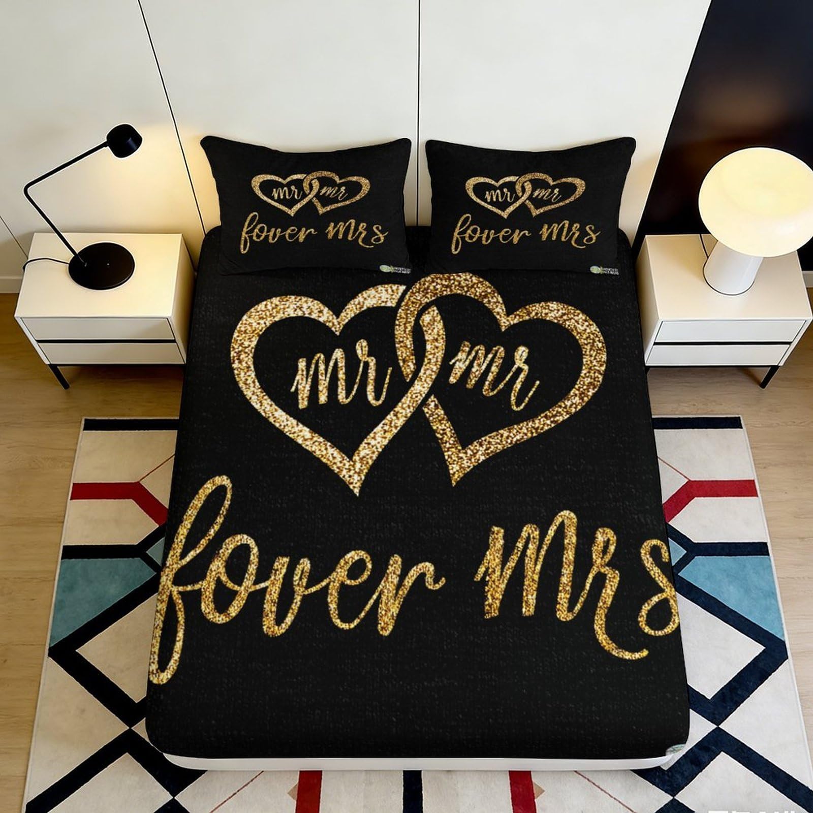 3D Printed Black Gold Mr Mrs Heart Fitted Sheet Microfiber Soft Non-Slip Bed Cover Machine Washable Bedroom Decor 160x200x25cm