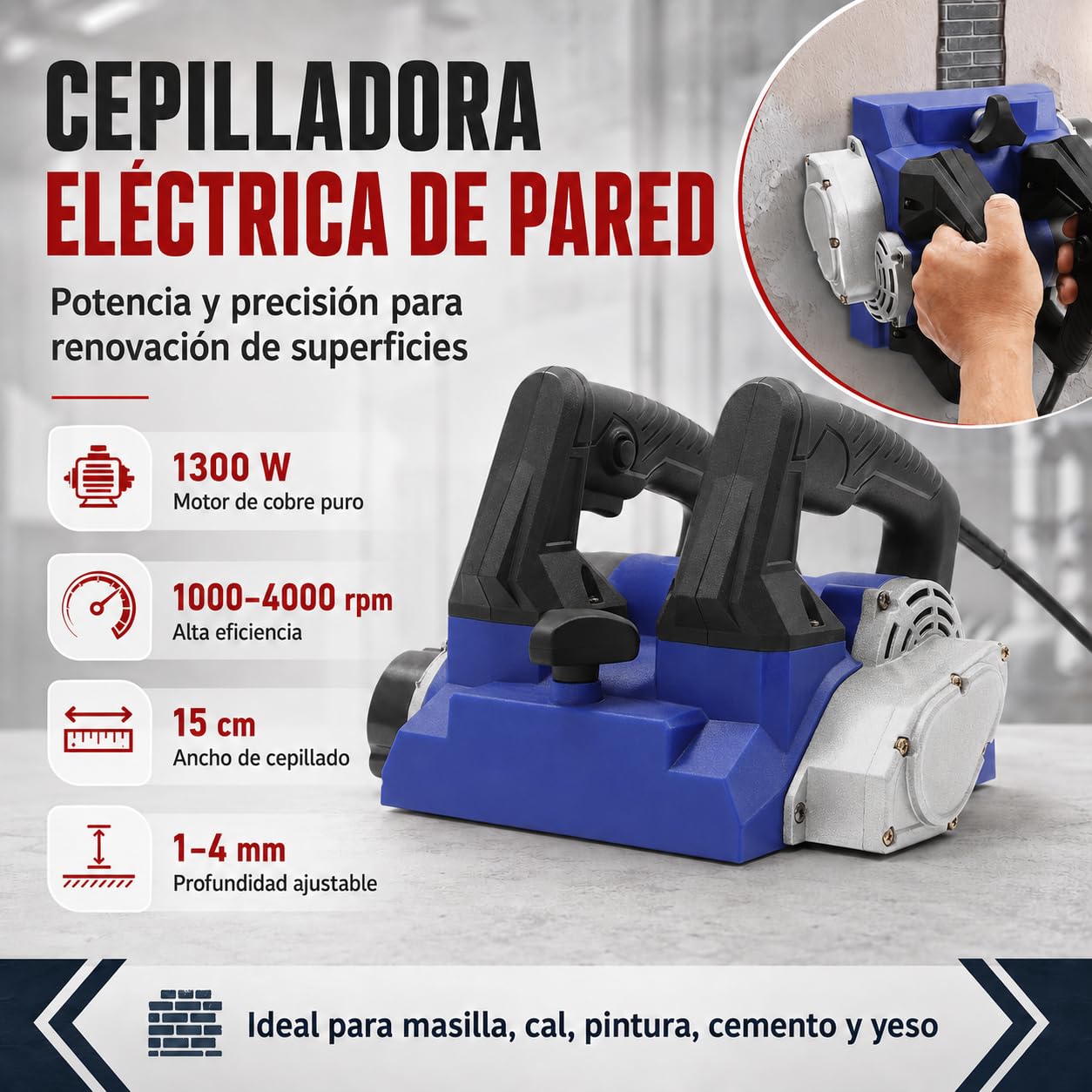 Máquina Eléctrica de Cepillado de Pared, 1680W Molino de Rodillos de Hormigón Molino de Pared Molino de Yeso 4000u/Min, Para Raspar Masilla, Cal, Pintura, Azul