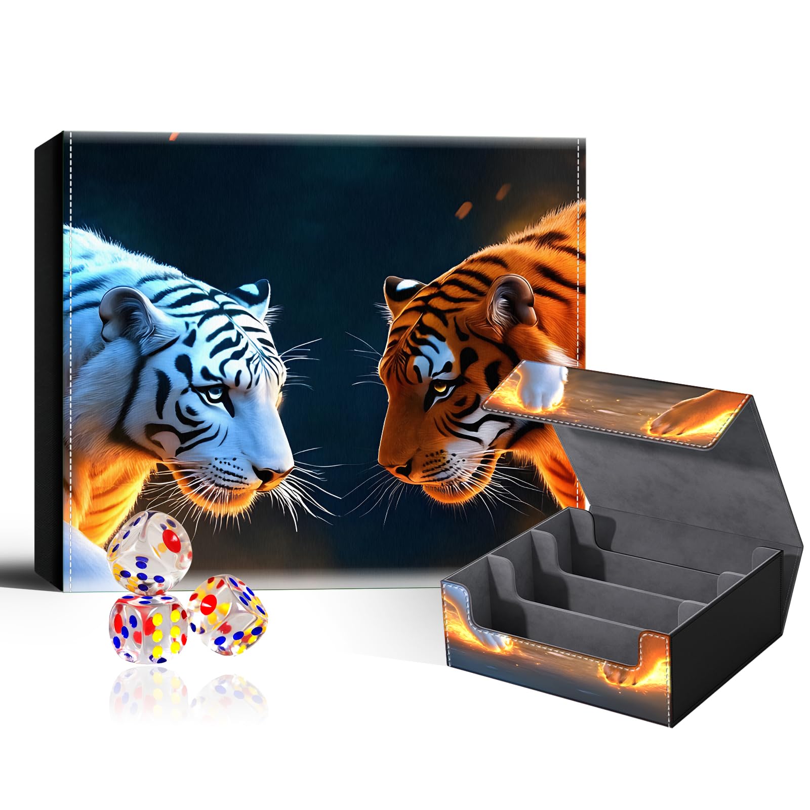 VOGDMKJG Trading Card Deck Box Fit 1800+ Single Sleeved Cards,PU Leather Magnetic Closure Card Storage Box With 3 Dice For MTG/TCG/PTCG/Magic Card Storage Case Large 3 ROW Design Water Fire Tiger