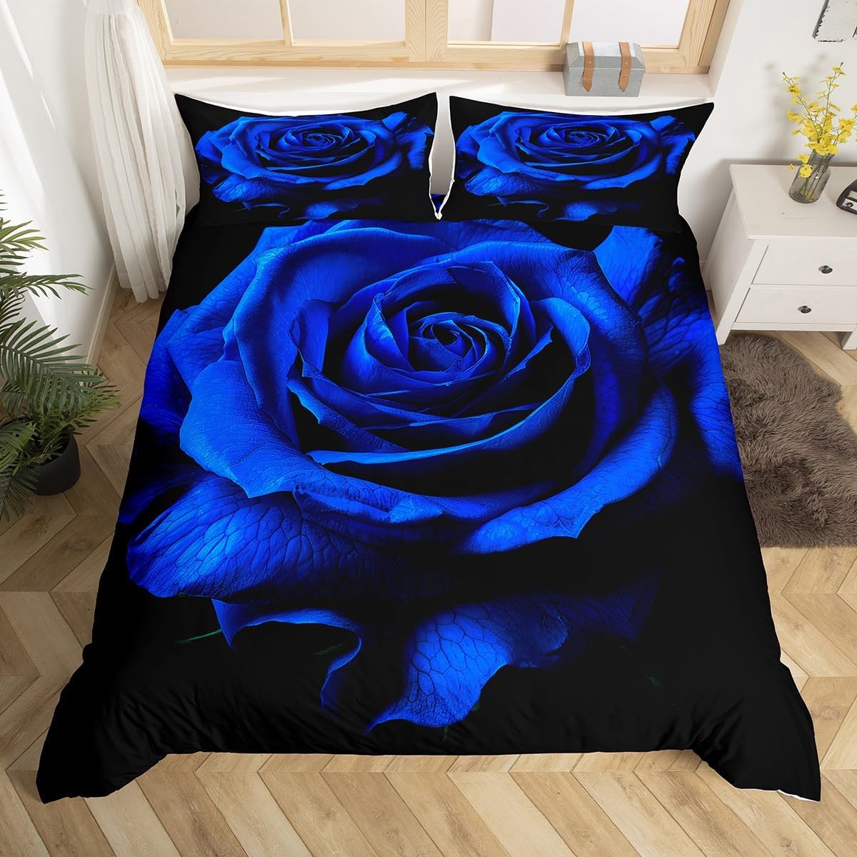 Feelyou Valentine's Day Duvet Cover Set King Size Royal Blue Rose Floral Bedding Set for Her Kids Teens Girls Lovers Couple Wife,Cute Rose Flowers Comforter Cover Luxury Valentines Decor 3 Pcs,Soft