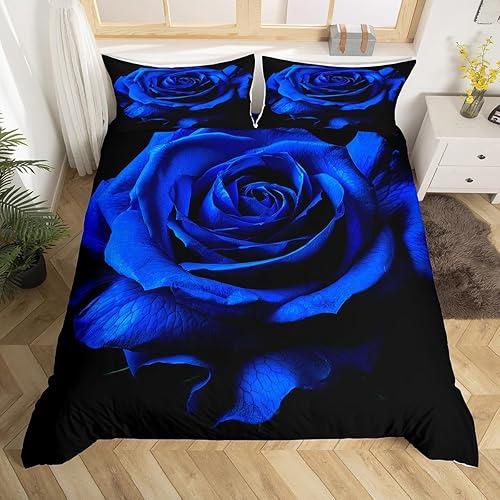 Miniatura 3 de Feelyou Juego de funda de edredón para el día de San Valentín, tamaño individual, juego de ropa de cama floral azul real con rosas para niños,