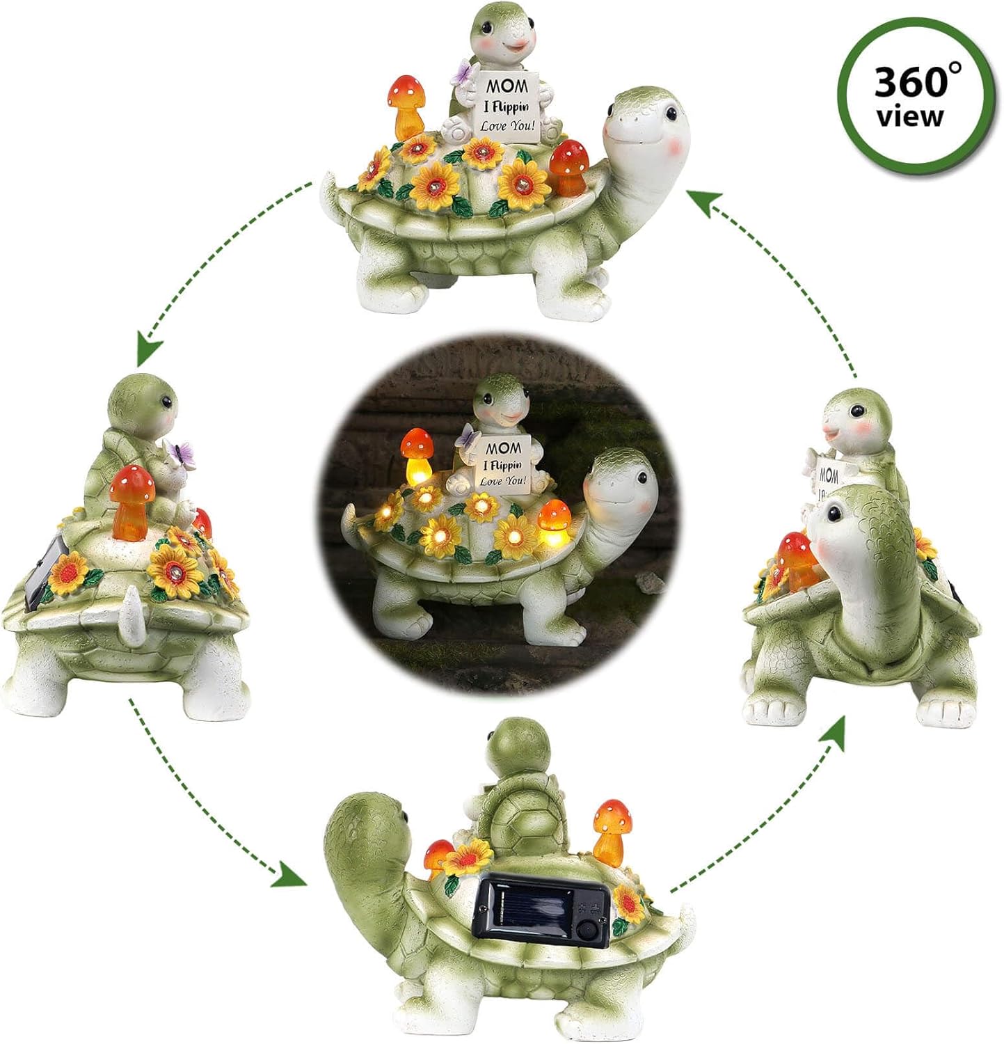 Solar Turtle Garden Statue 7.5 inches, I Flippin Love You Tortoise Figurine with 7 LED Lights, Outdoor Lawn Decor for Patio, Yard, Balcony, Birthday for Mom, Grandma, Women - Image 4