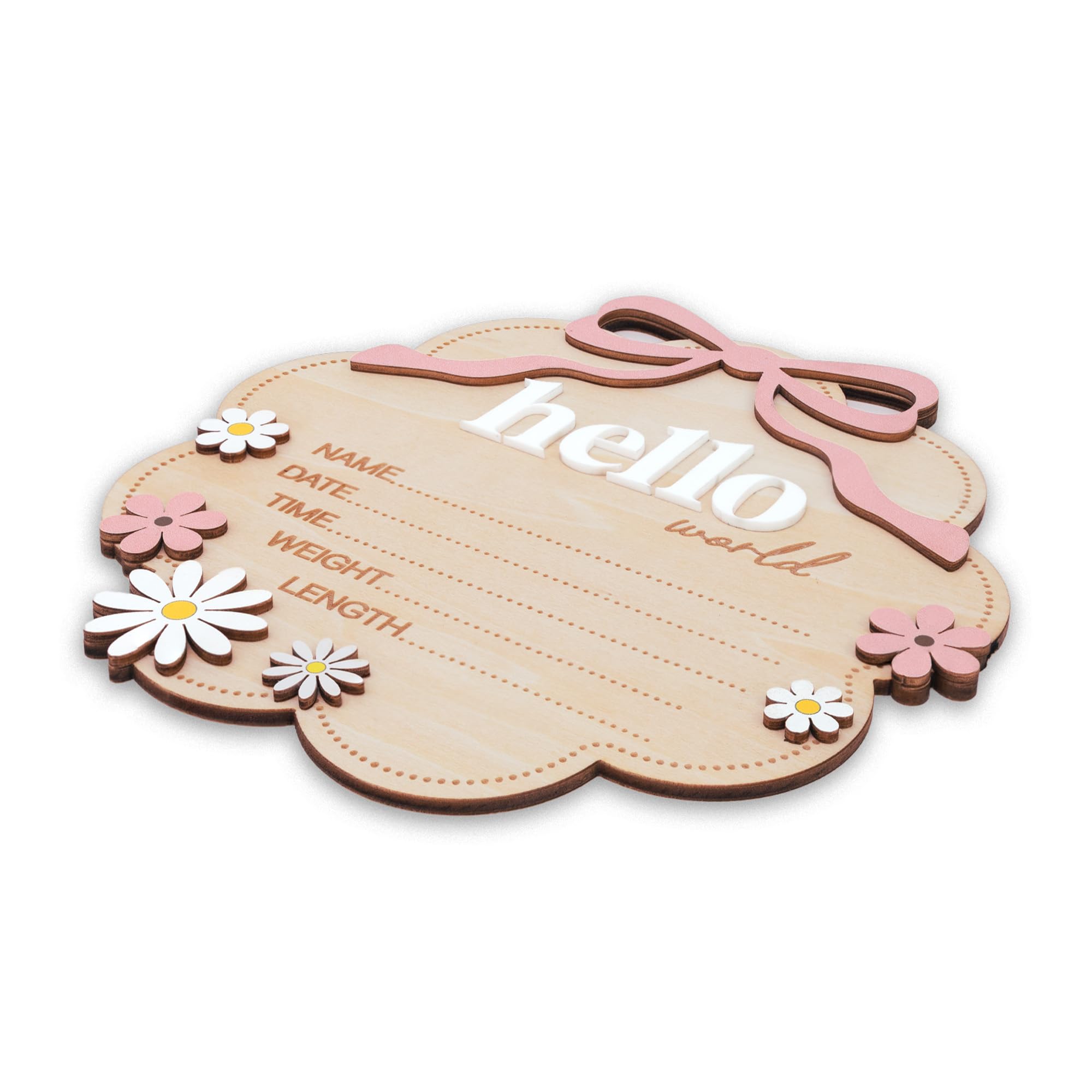 TTMerriwood Hello World Wooden Baby Birth Announcement Sign with Pink Bow, Cloud Shape Floral Newborn Name Date Time Weight Length Board, Baby Girl Nursery Photo Prop (Light Pink) - 4