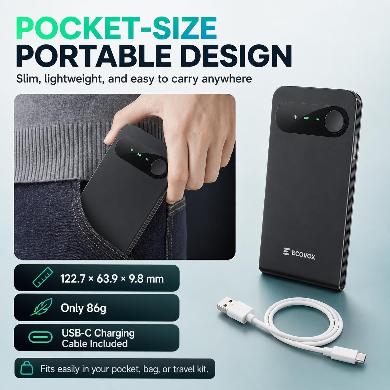 ECOVOX E1 Portable 4G LTE WiFi Hotspot, SIM-Free Mobile Router, Cloud SIM