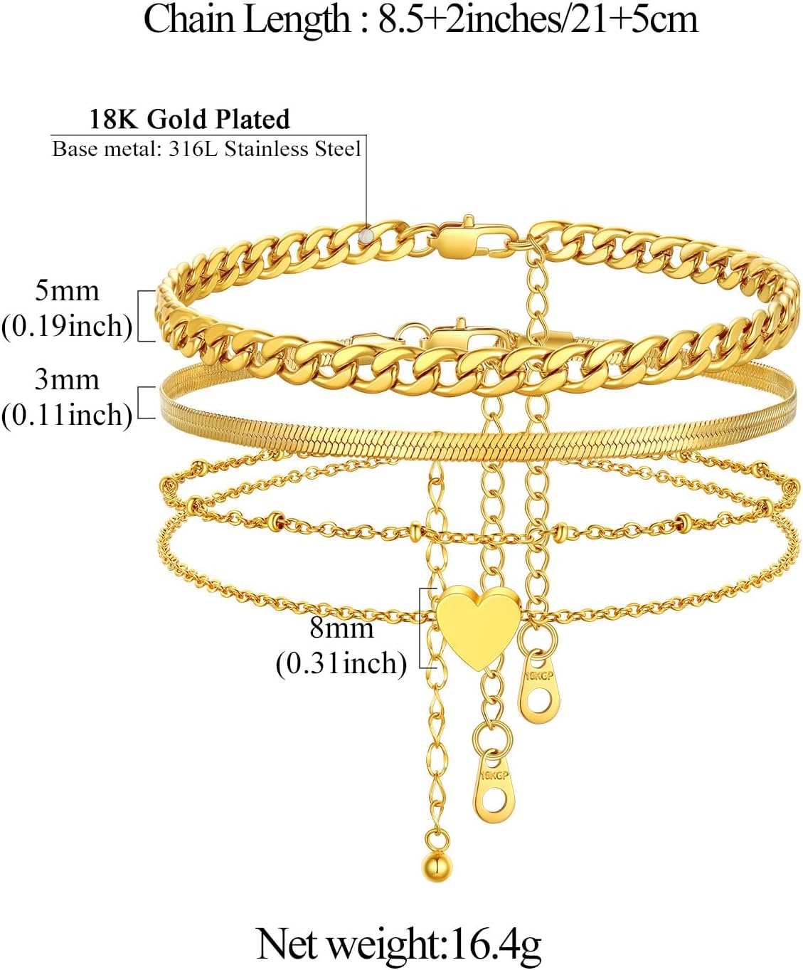 FindChic スパークリングテニスチェーン アンクルブレスレット2個/3個セット レイヤードアンクレット 女性用 ステンレススチ