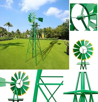 8 Feet Ornamental Garden Windmill, Green and Yellow