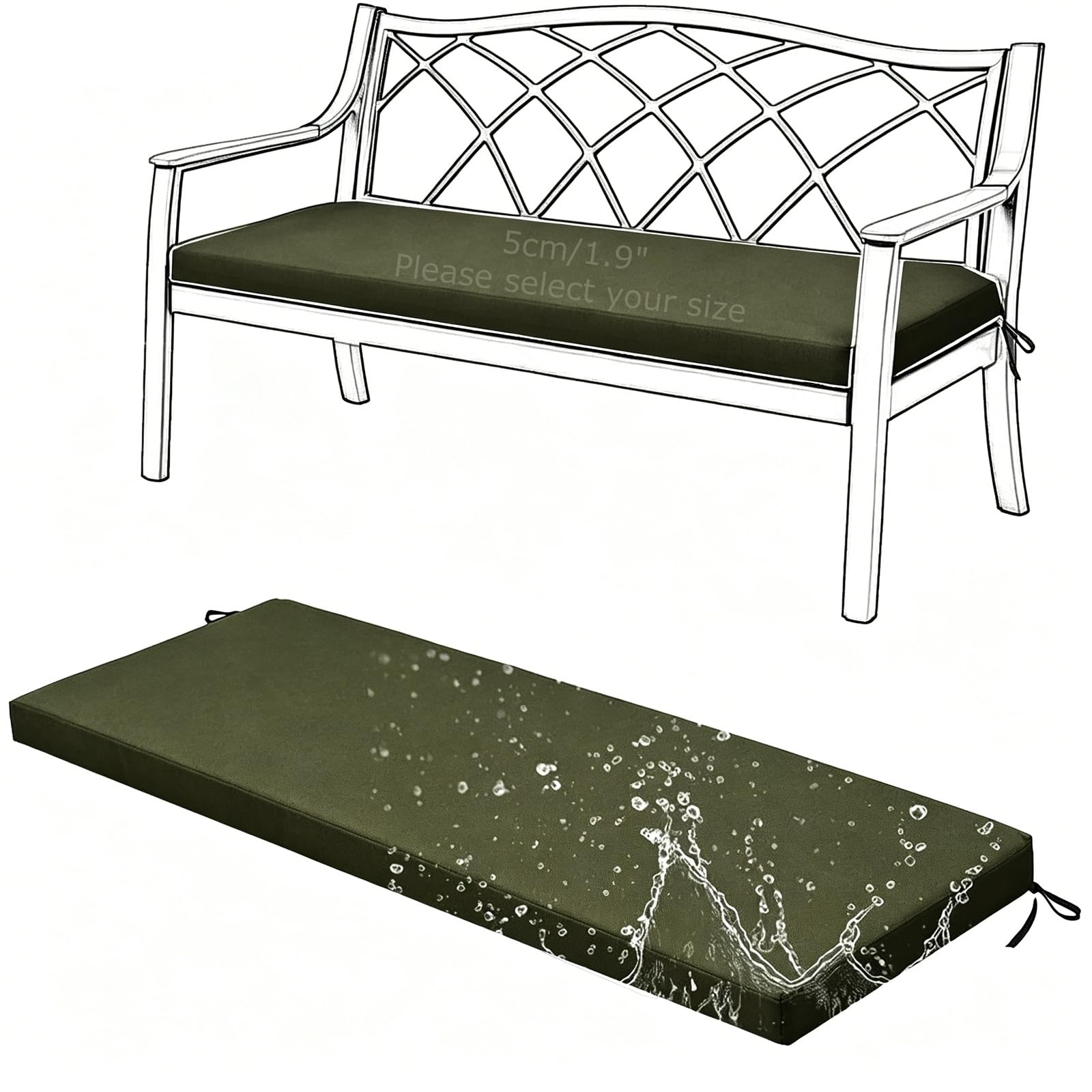 ILiemao Bench Cushions for Outdoor Furniture 48 x 18, 42 x 18, 36x18, 40x18, 42x20, 48 44 42 60 inch Waterproof 80%, with Ties, Bench Seat Pad for Porch Garden Loveseat(170x25 cm 67x10 in)