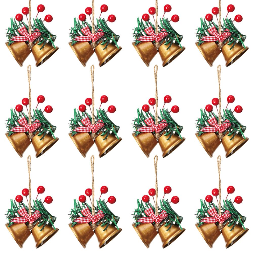 Mioyoow Gold 12Pcs Christmas Bells Ornaments, Iron Hanging Pendants With Double Bells & Berry Bow Design For Christmas Tree Decorations