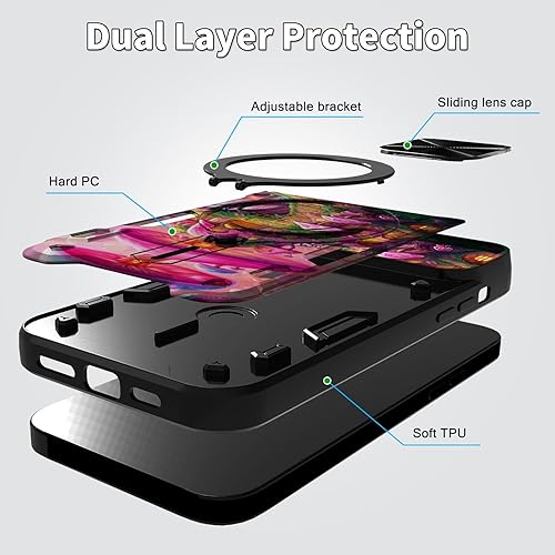 Vista 136 de Funda para Samsung Galaxy A13 5G con cubierta deslizante para lente de cámara y anillo giratorio de 360 grados, soporte híbrido de doble capa Flores